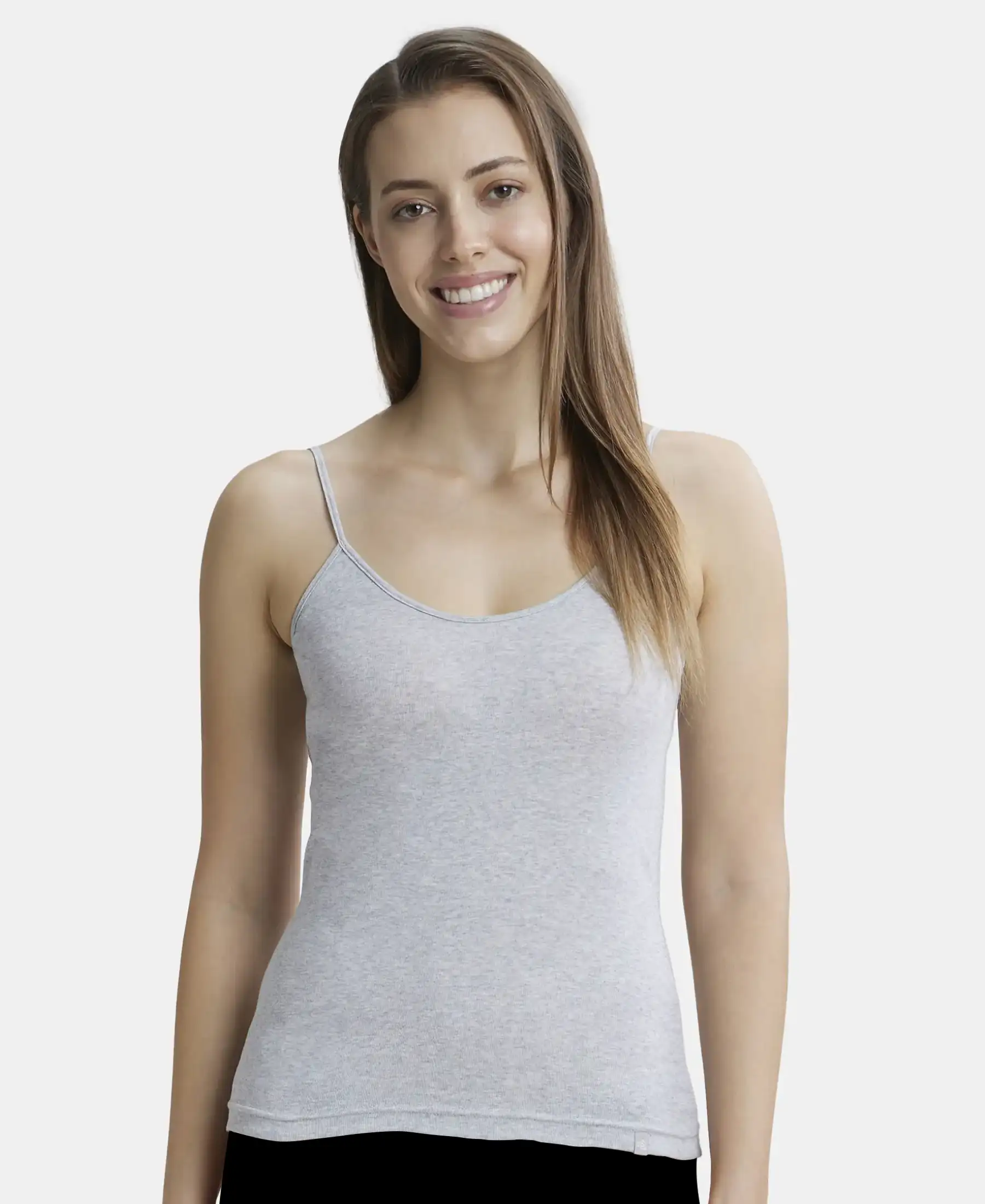 Super Combed Cotton Rib Camisole with Adjustable Straps and StayFresh Treatment - Steel Grey Melange & Light Skin (Pack of 2) - Image 2