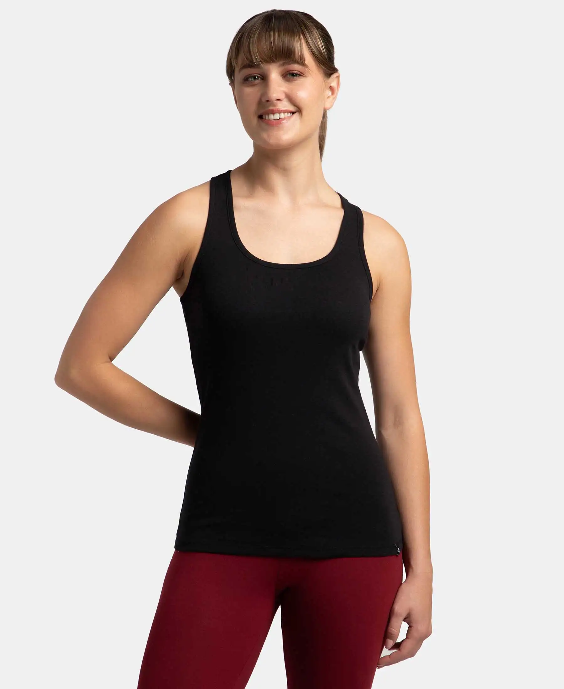 Super Combed Cotton Rib Fabric Slim Fit Solid Racerback Styled Tank Top - Black