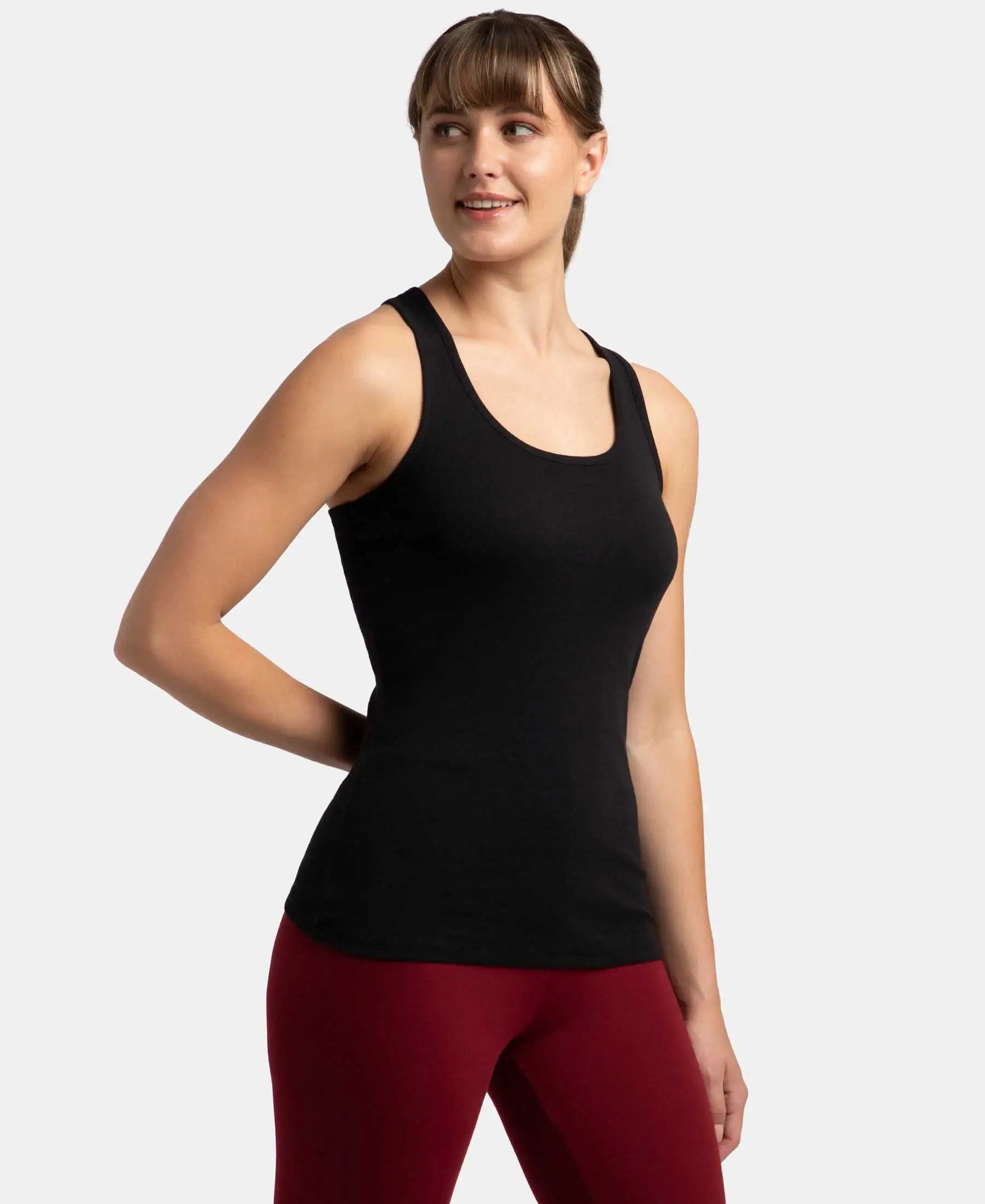 Super Combed Cotton Rib Fabric Slim Fit Solid Racerback Styled Tank Top - Black - Image 2