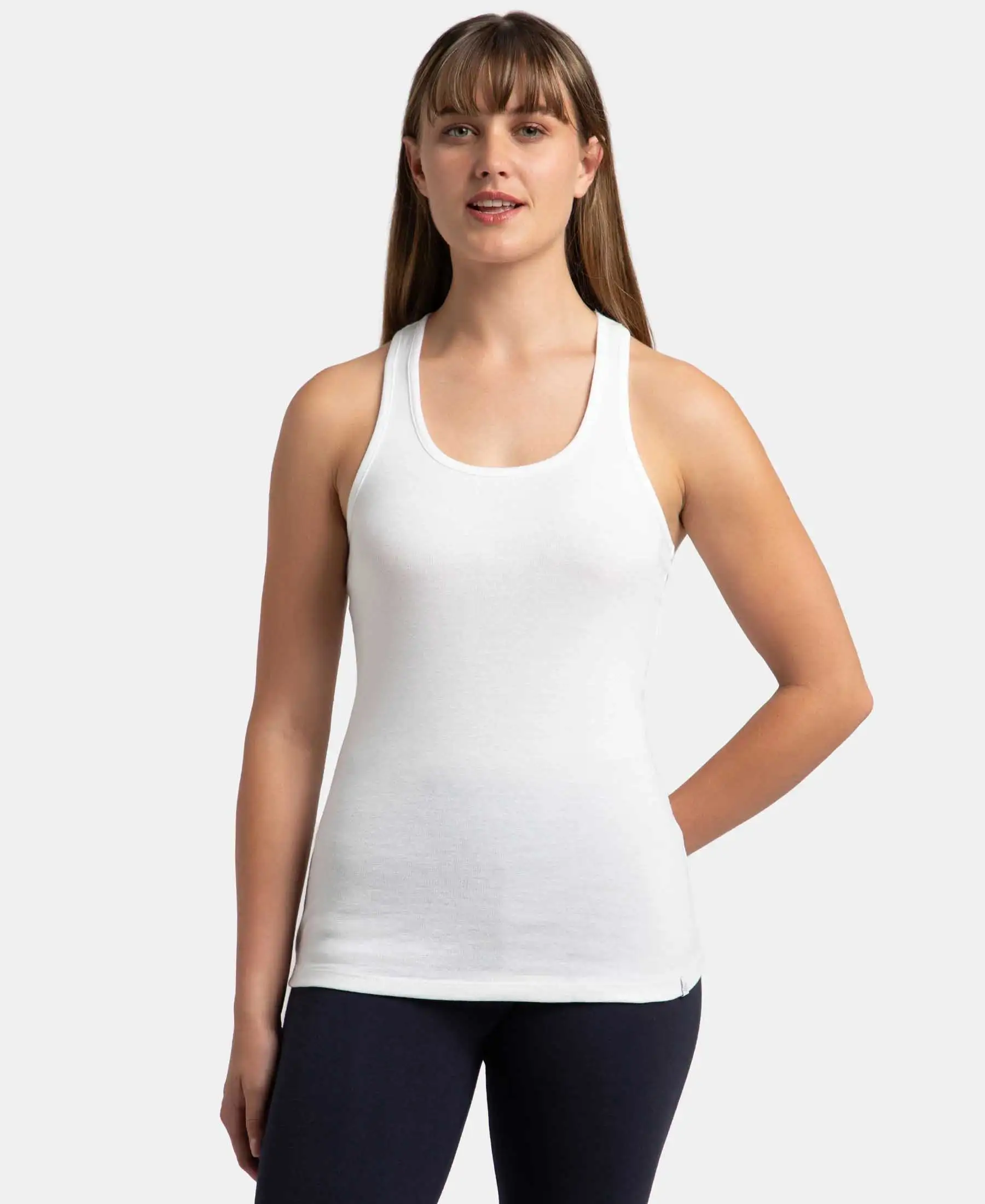 Super Combed Cotton Rib Fabric Slim Fit Solid Racerback Styled Tank Top - White