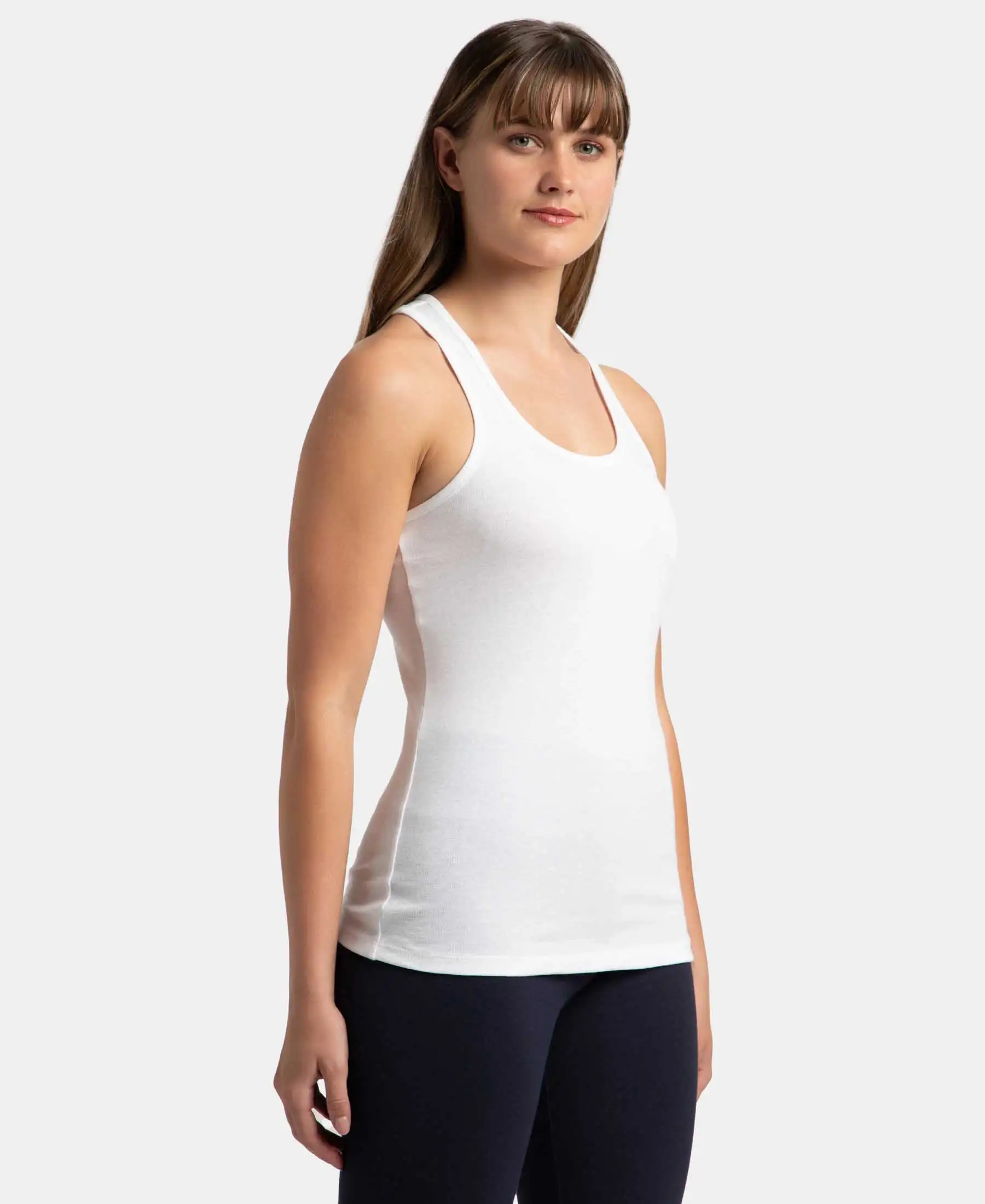 Super Combed Cotton Rib Fabric Slim Fit Solid Racerback Styled Tank Top - White - Image 2