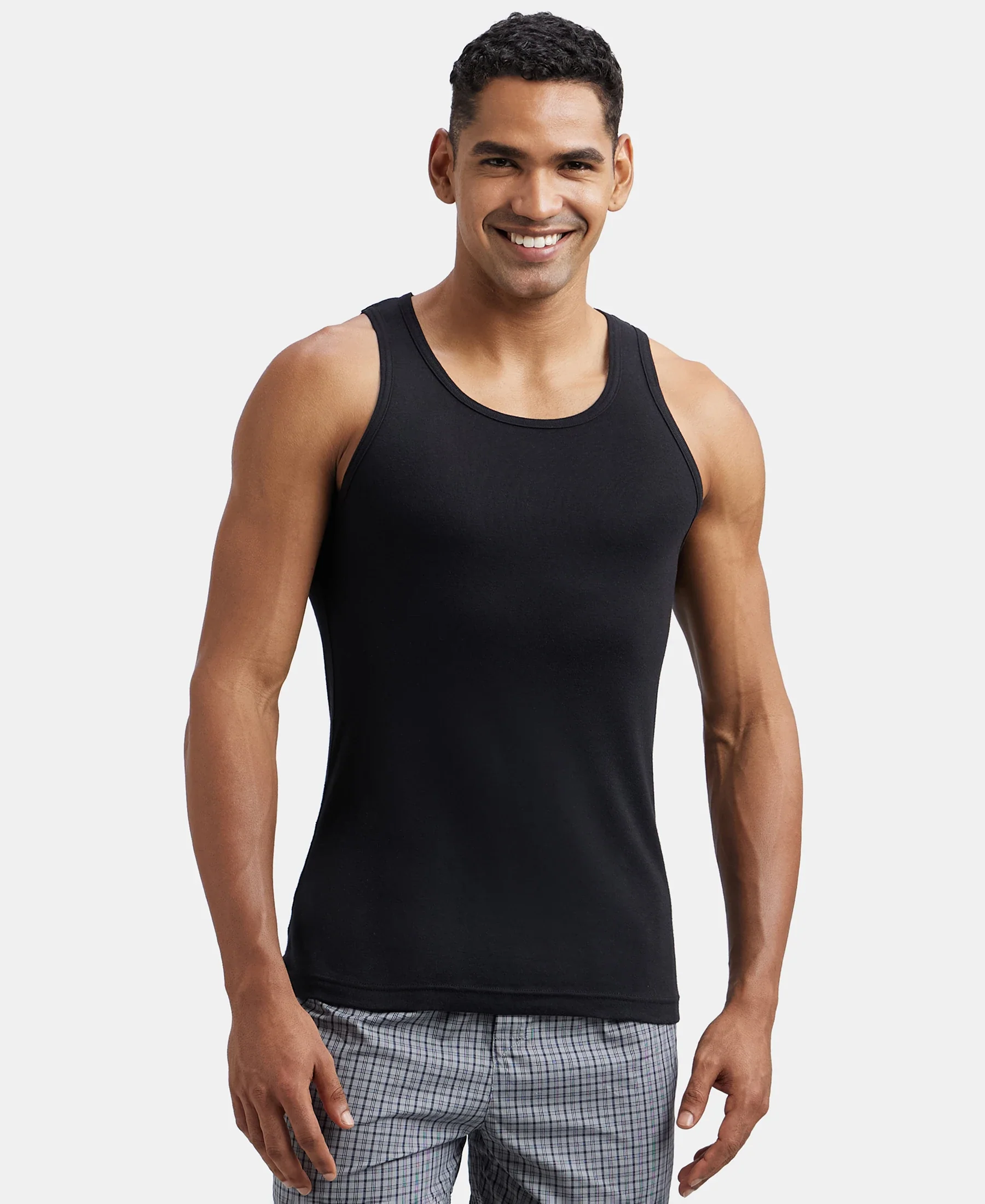 Super Combed Cotton Rib Round Neck Sleeveless Vest - Black & Neon Blue - Image 5