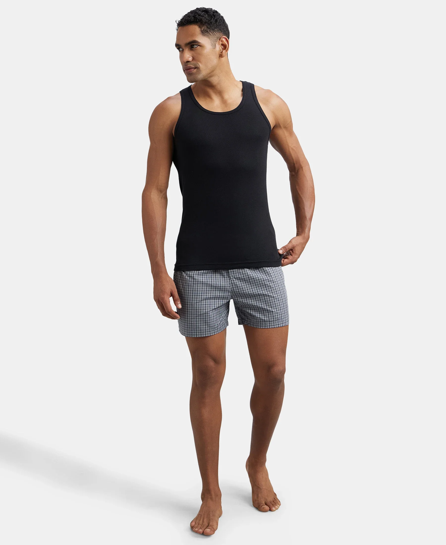 Super Combed Cotton Rib Round Neck Sleeveless Vest - Black & Neon Blue - Image 6