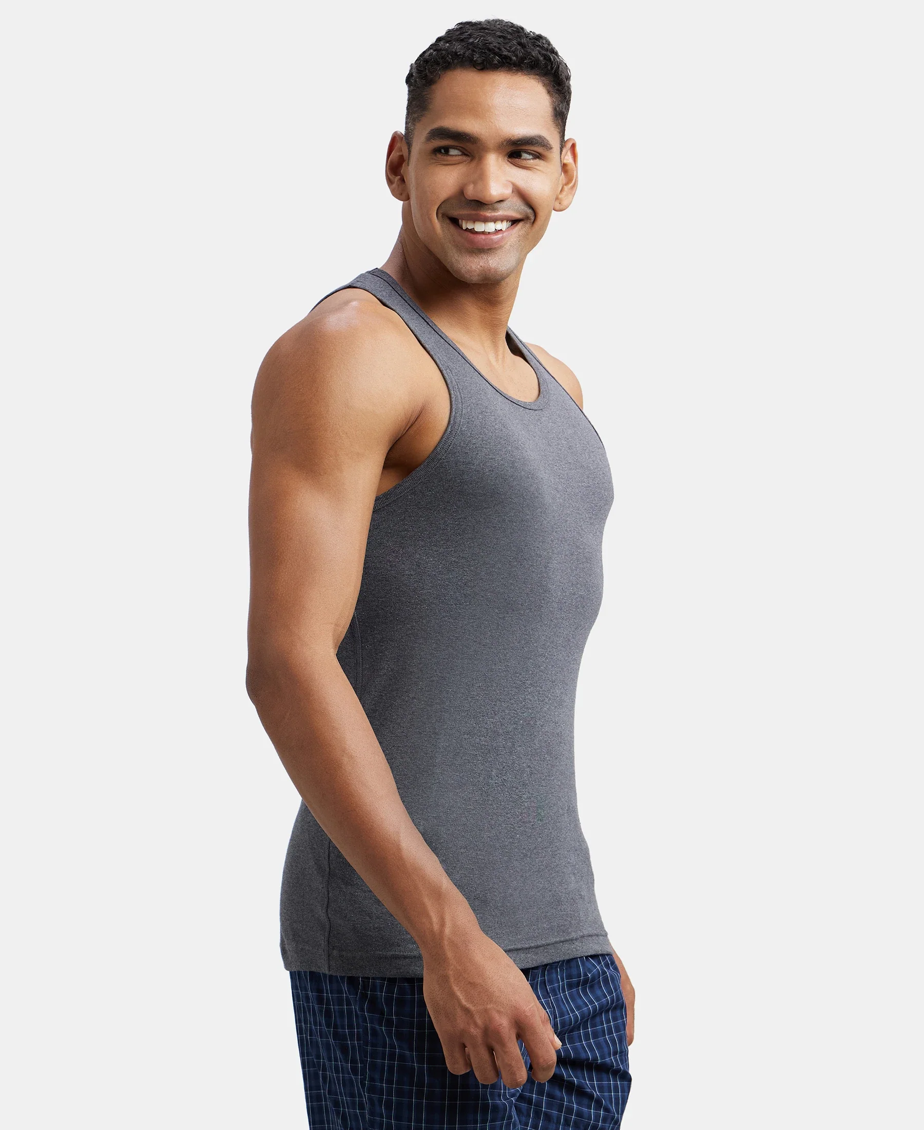 Super Combed Cotton Rib Round Neck Sleeveless Vest - Charcoal Melange & Neon Orange - Image 2