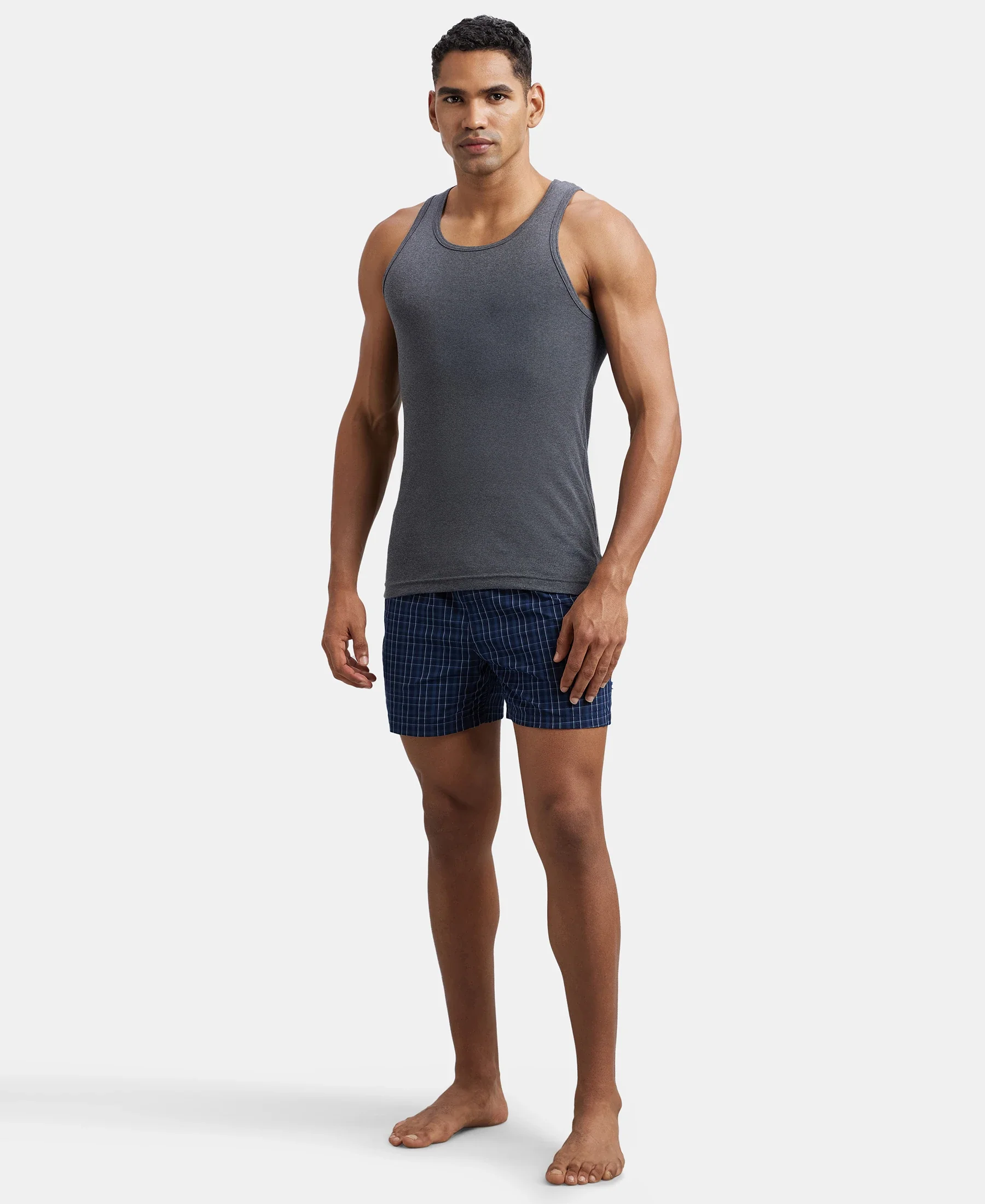 Super Combed Cotton Rib Round Neck Sleeveless Vest - Charcoal Melange & Neon Orange - Image 6