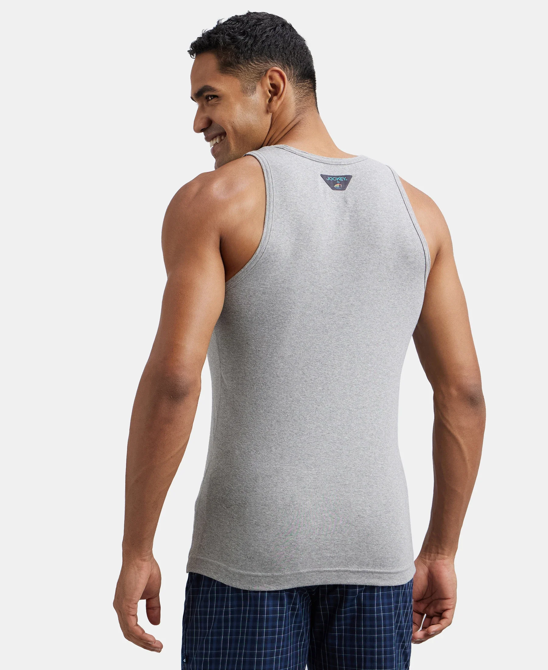 Super Combed Cotton Rib Round Neck Sleeveless Vest - Grey Melange & Teal Green - Image 3