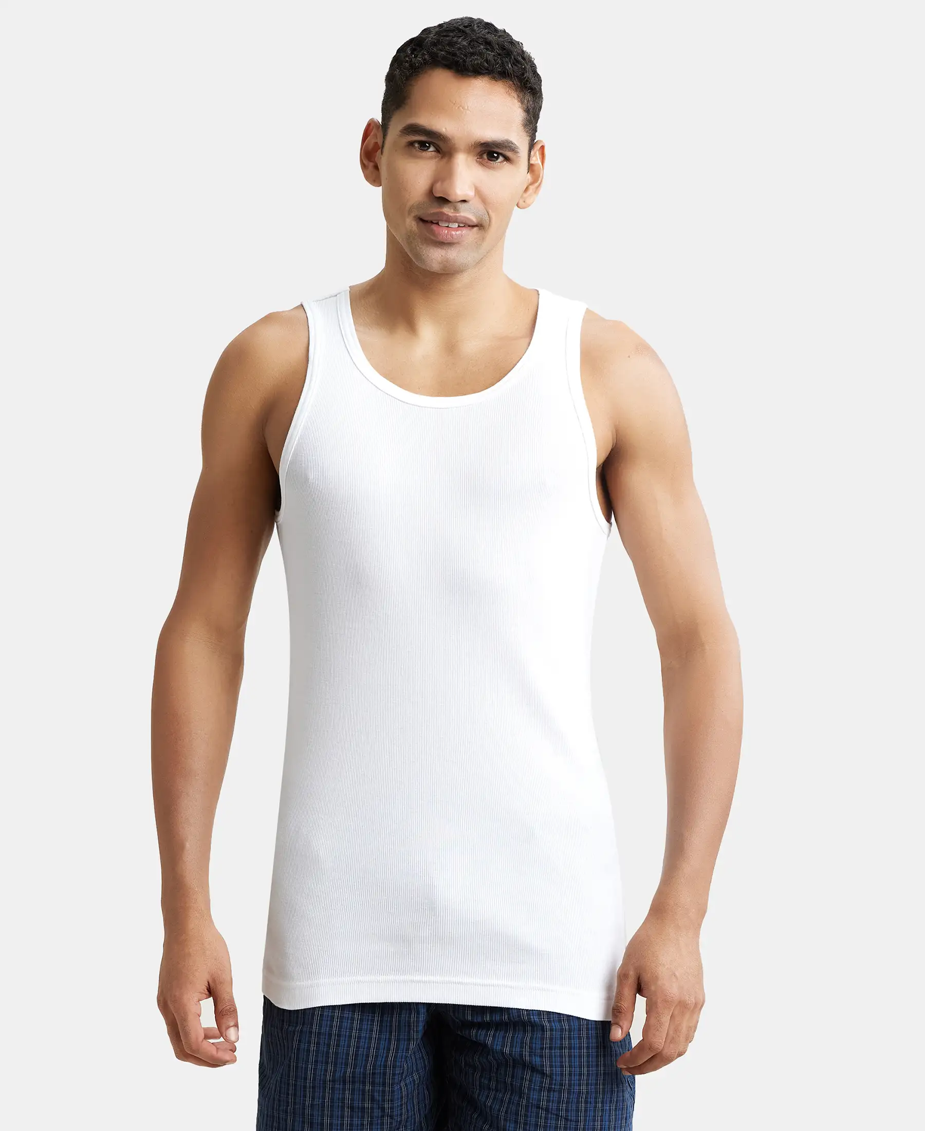 Super Combed Cotton Rib Round Neck Sleeveless Vest with StayFresh Properties - White