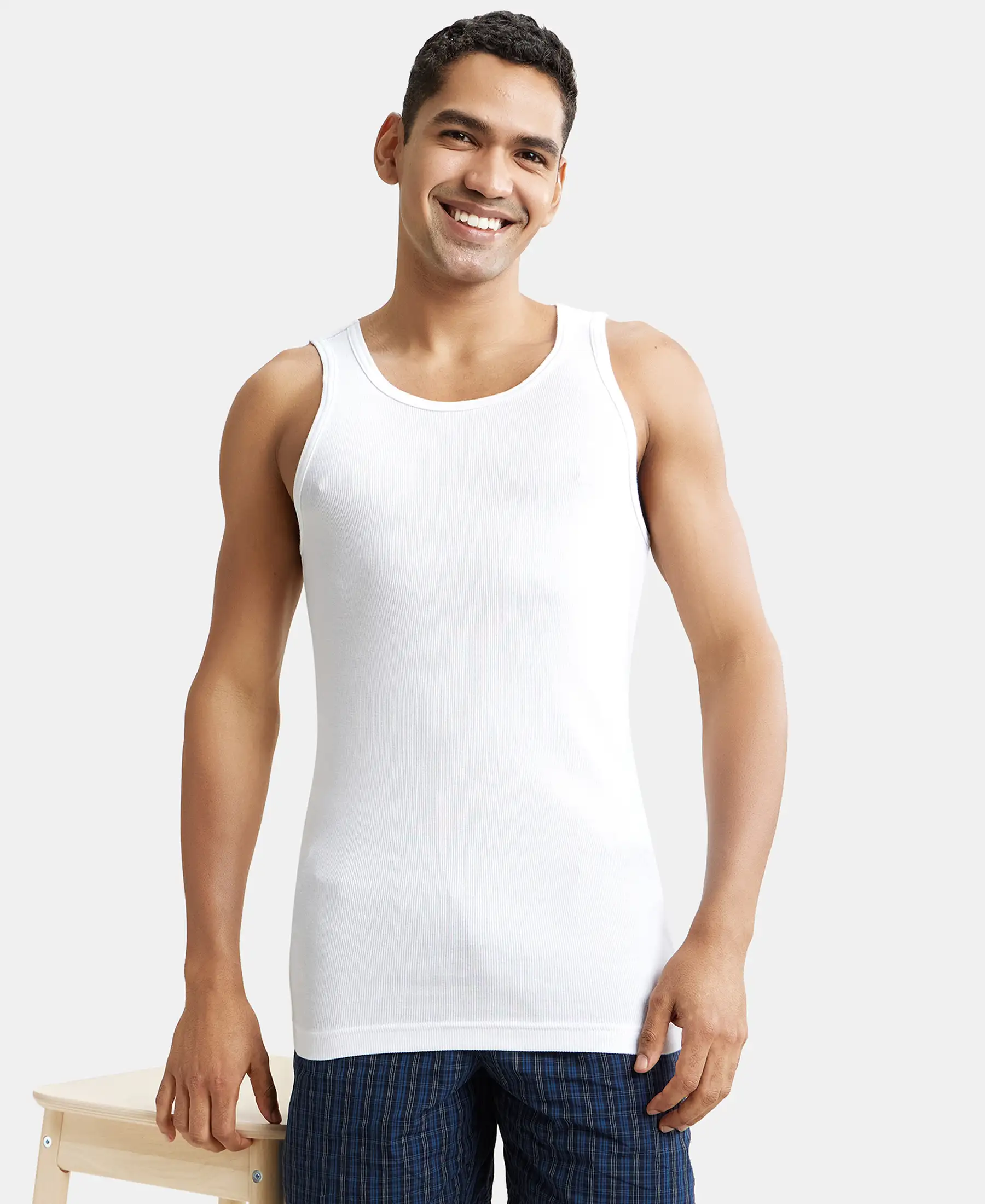 Super Combed Cotton Rib Round Neck Sleeveless Vest with StayFresh Properties - White - Image 5