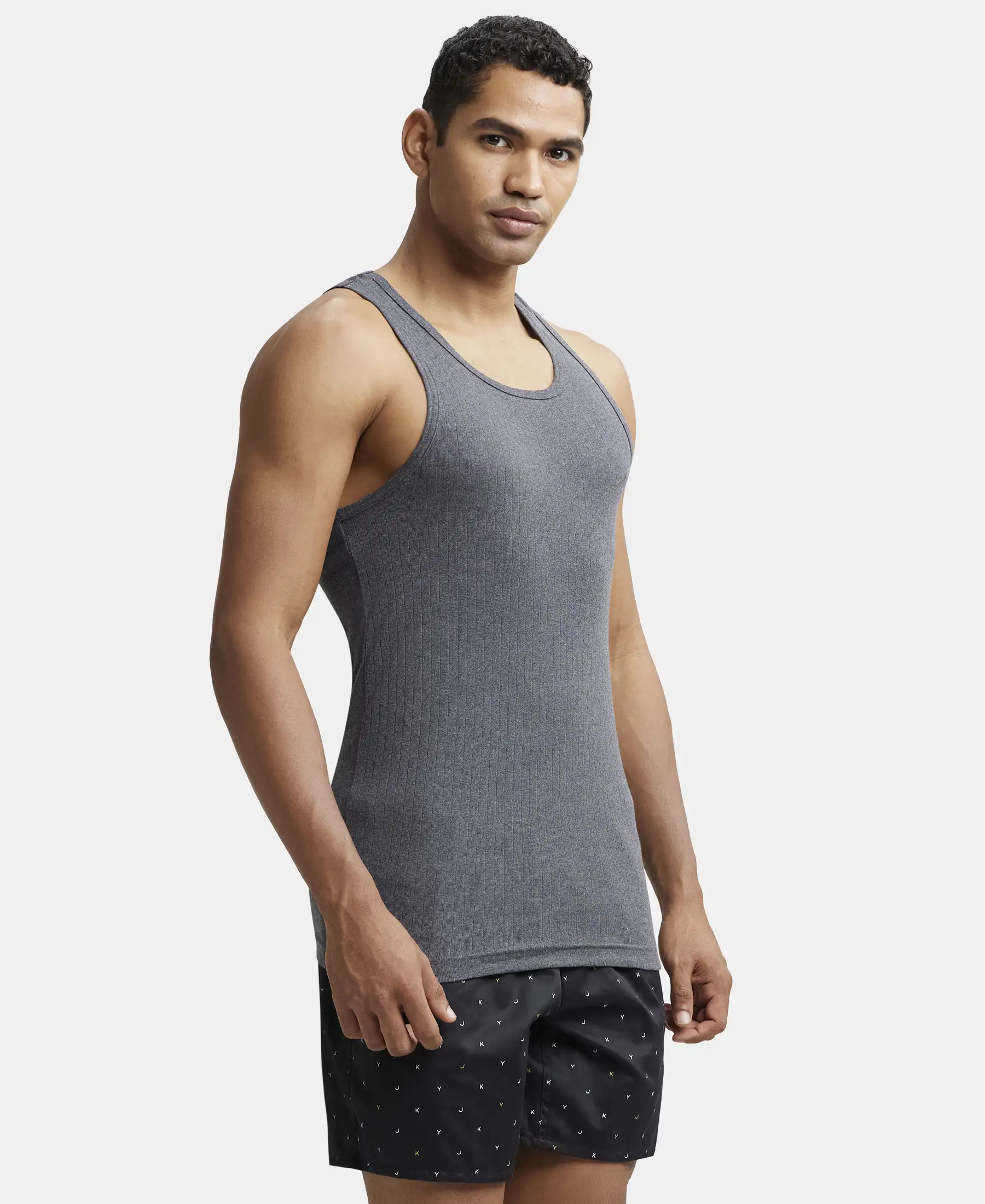 Super Combed Cotton Rib Round Neck with Racerback Gym Vest - Charcoal Melange - Image 2
