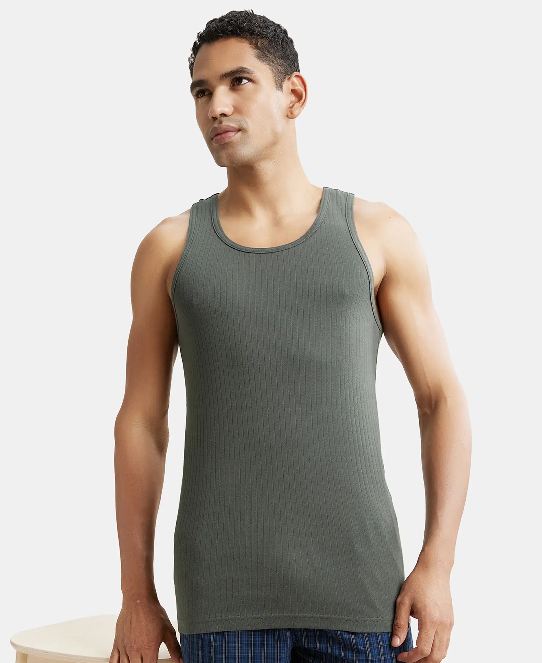 Super Combed Cotton Rib Round Neck with Racerback Gym Vest - Deep Olive - Image 5