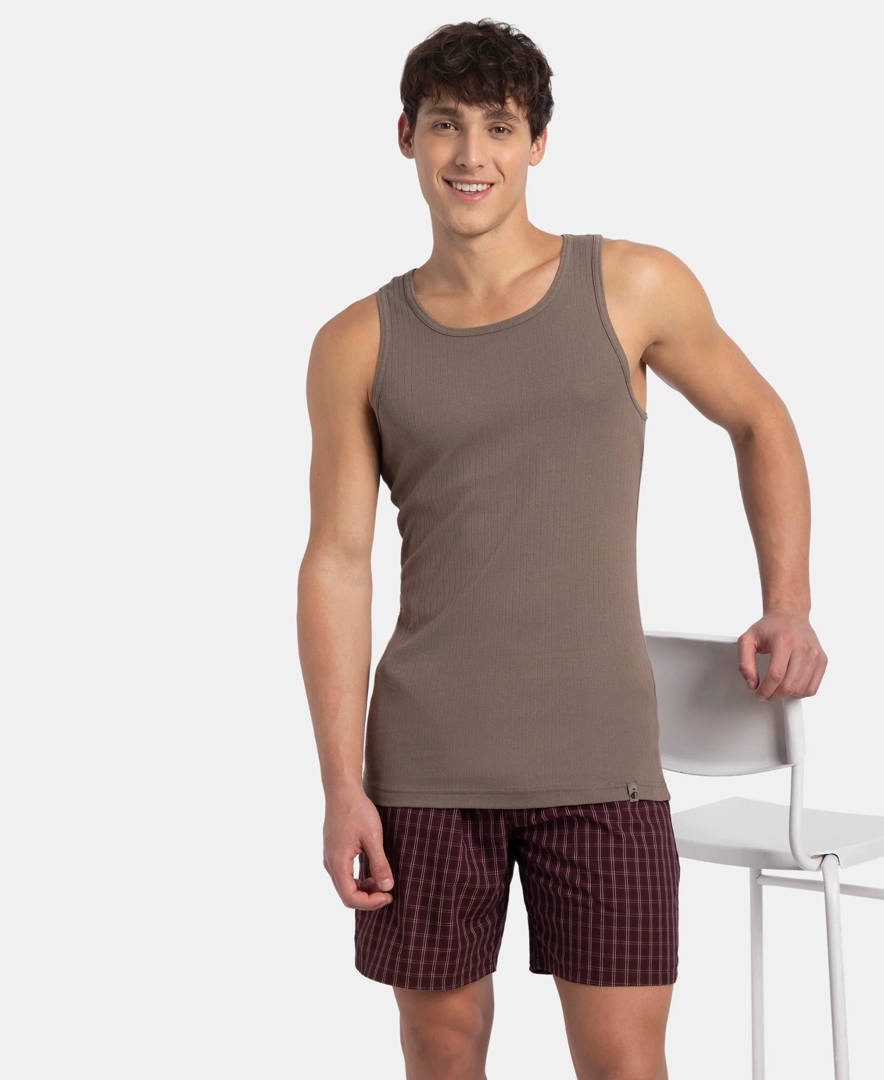 Super Combed Cotton Rib Round Neck with Racerback Gym Vest - Dark Khaki - Image 5