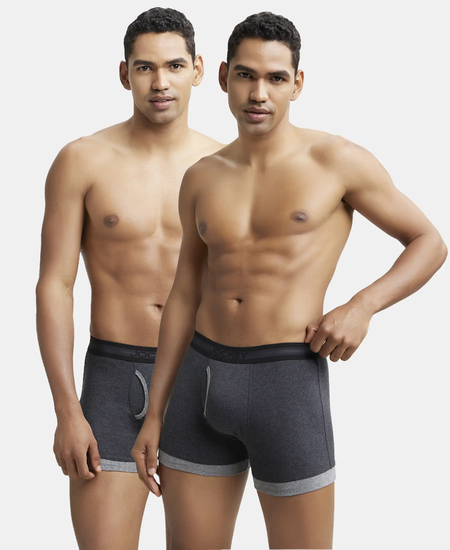 Super Combed Cotton Rib Solid Boxer Brief with StayFresh Treatment - Black Melange & Mid Grey (Pack of 2)