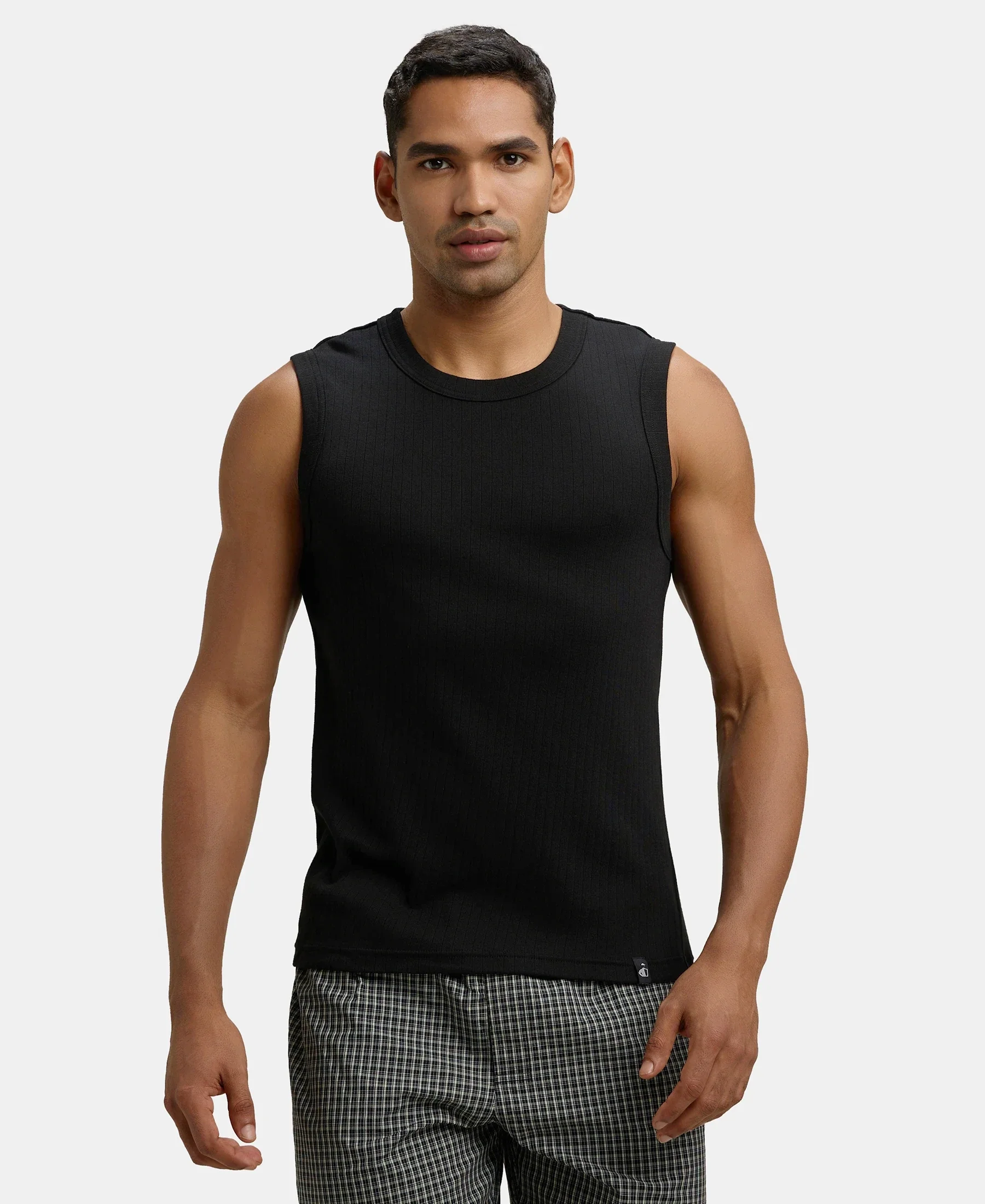 Super Combed Cotton Rib Solid Round Neck Muscle Vest - Black