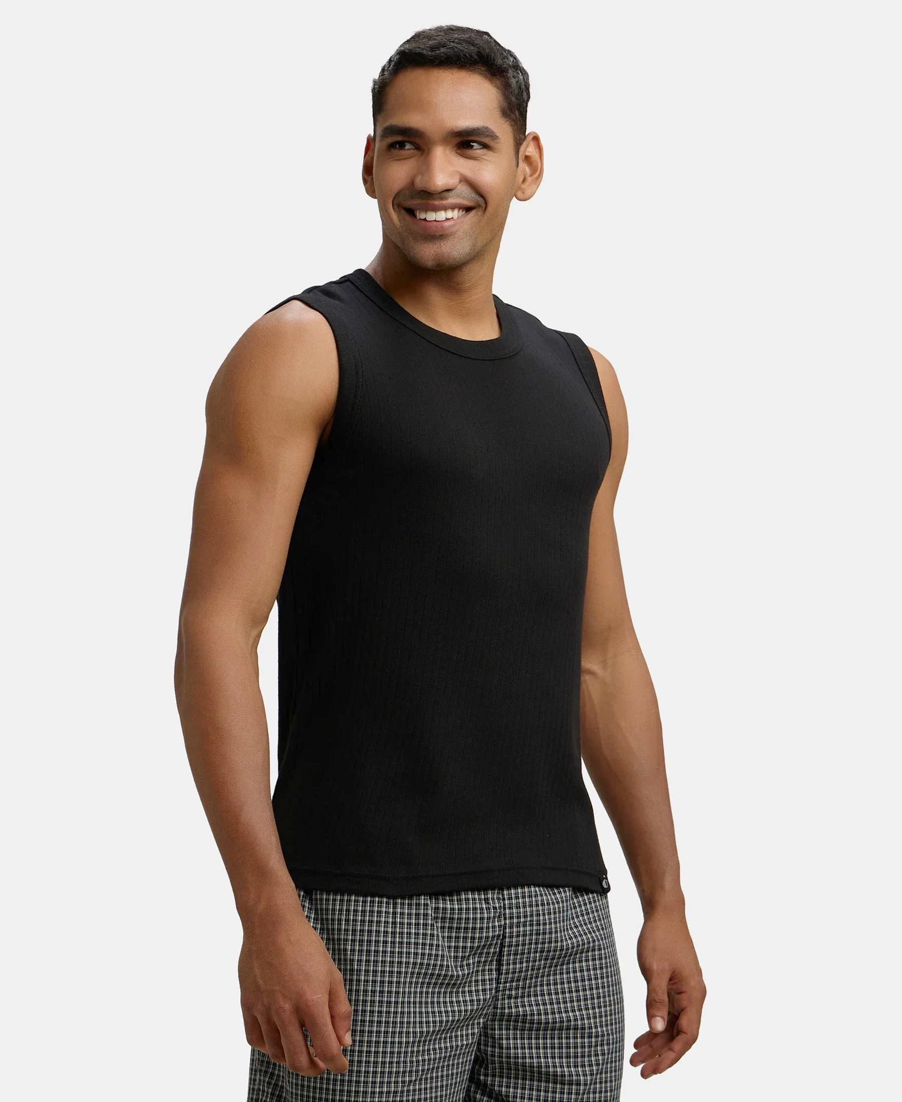 Super Combed Cotton Rib Solid Round Neck Muscle Vest - Black - Image 2