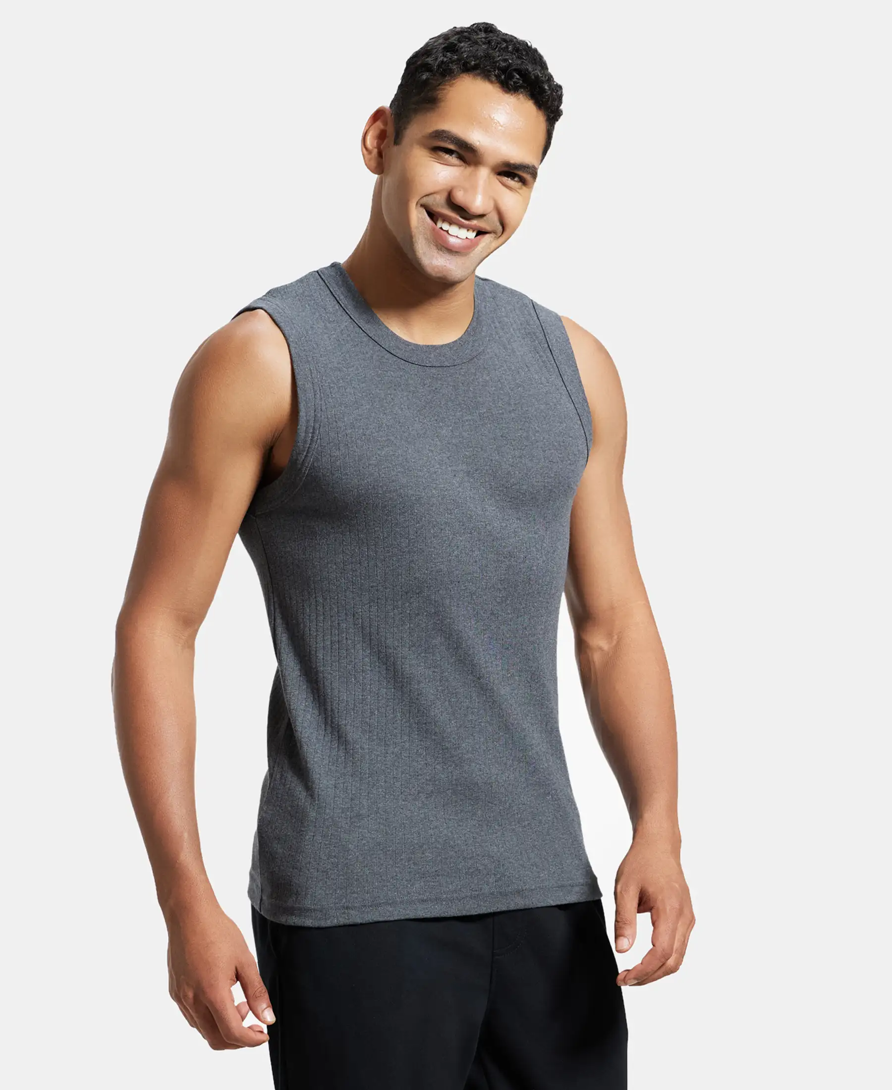 Super Combed Cotton Rib Solid Round Neck Muscle Vest - Charcoal Melange - Image 2