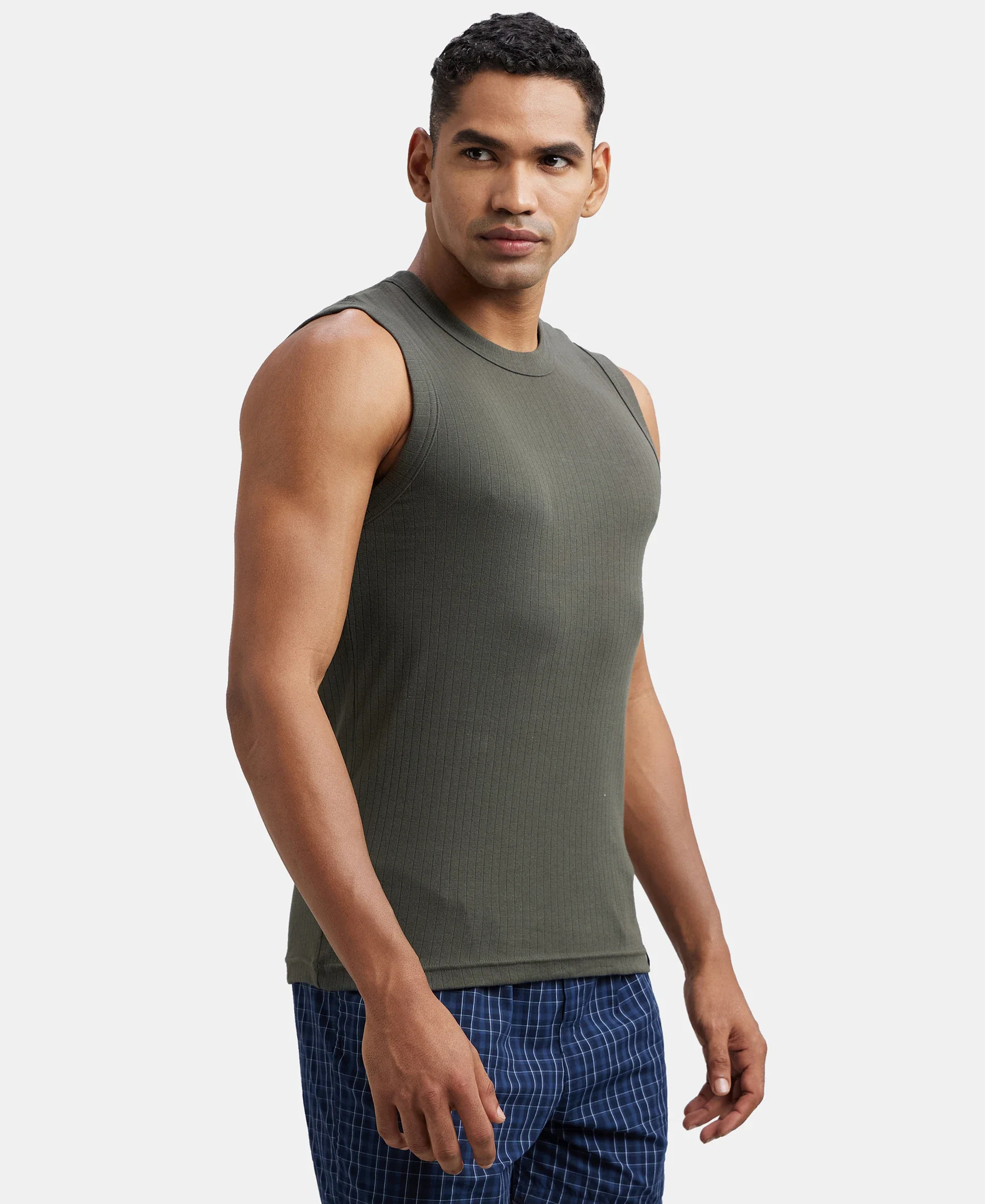 Super Combed Cotton Rib Solid Round Neck Muscle Vest - Deep Olive - Image 2