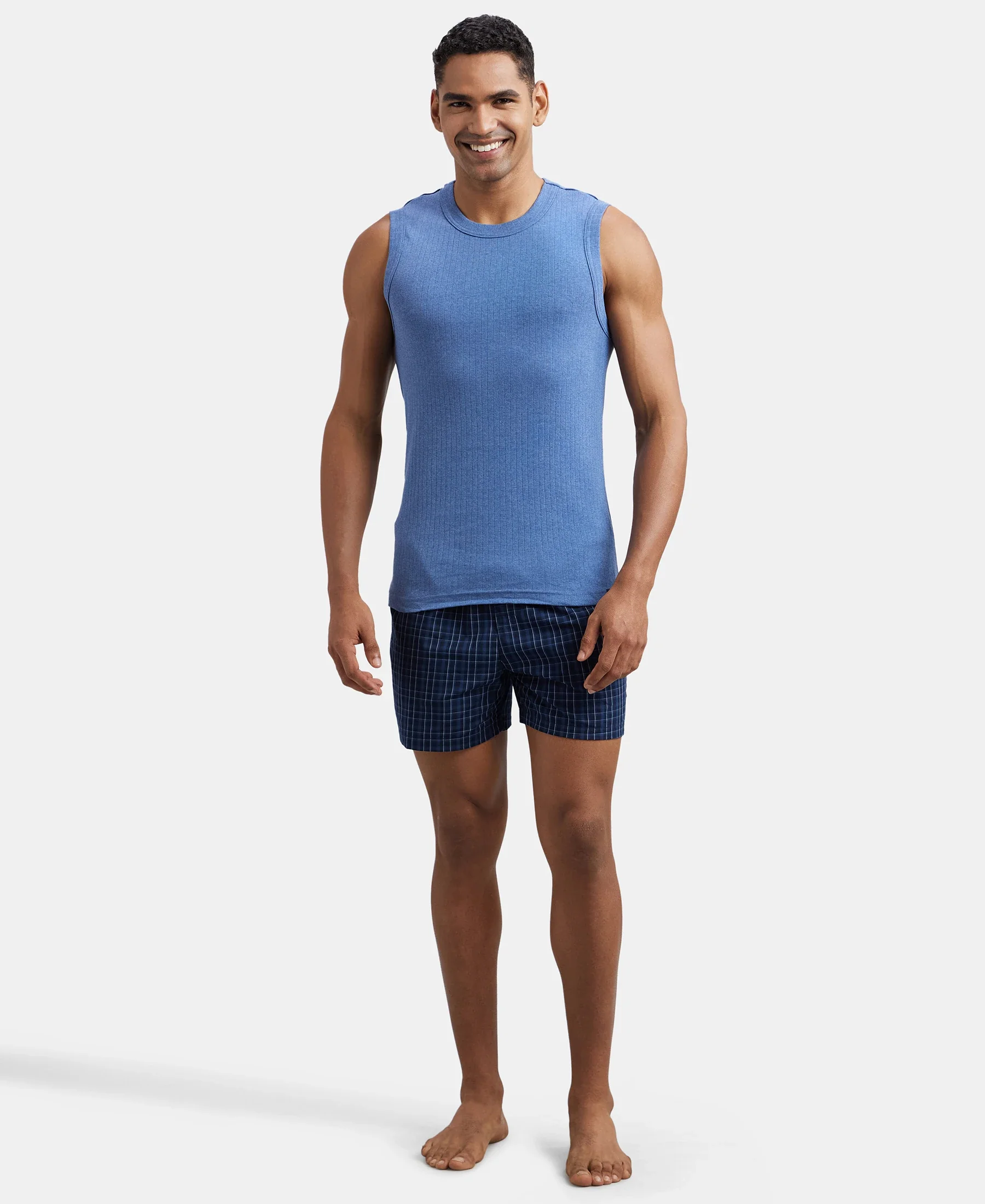 Super Combed Cotton Rib Solid Round Neck Muscle Vest - Light Denim Melange - Image 4