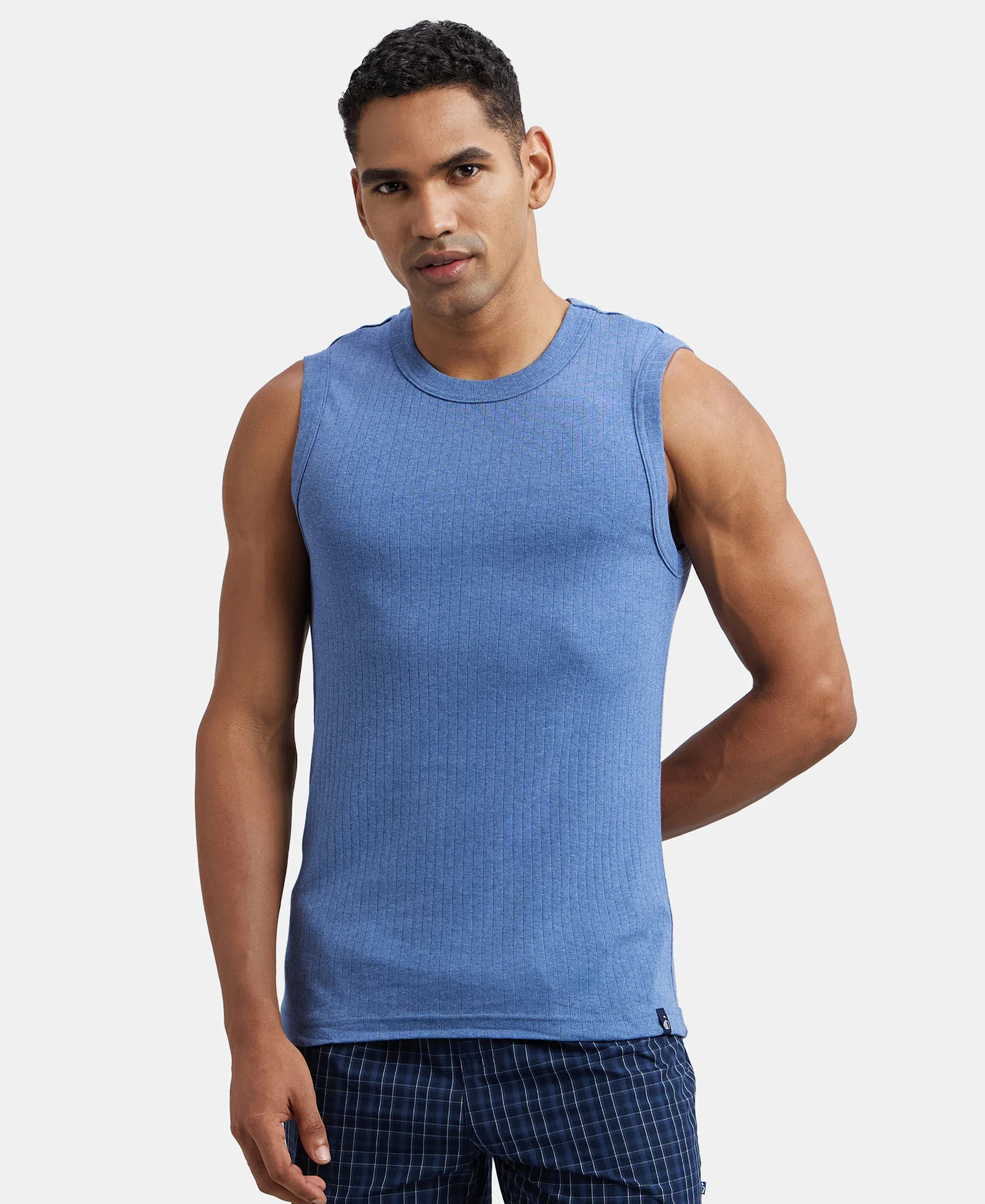 Super Combed Cotton Rib Solid Round Neck Muscle Vest - Light Denim Melange - Image 5