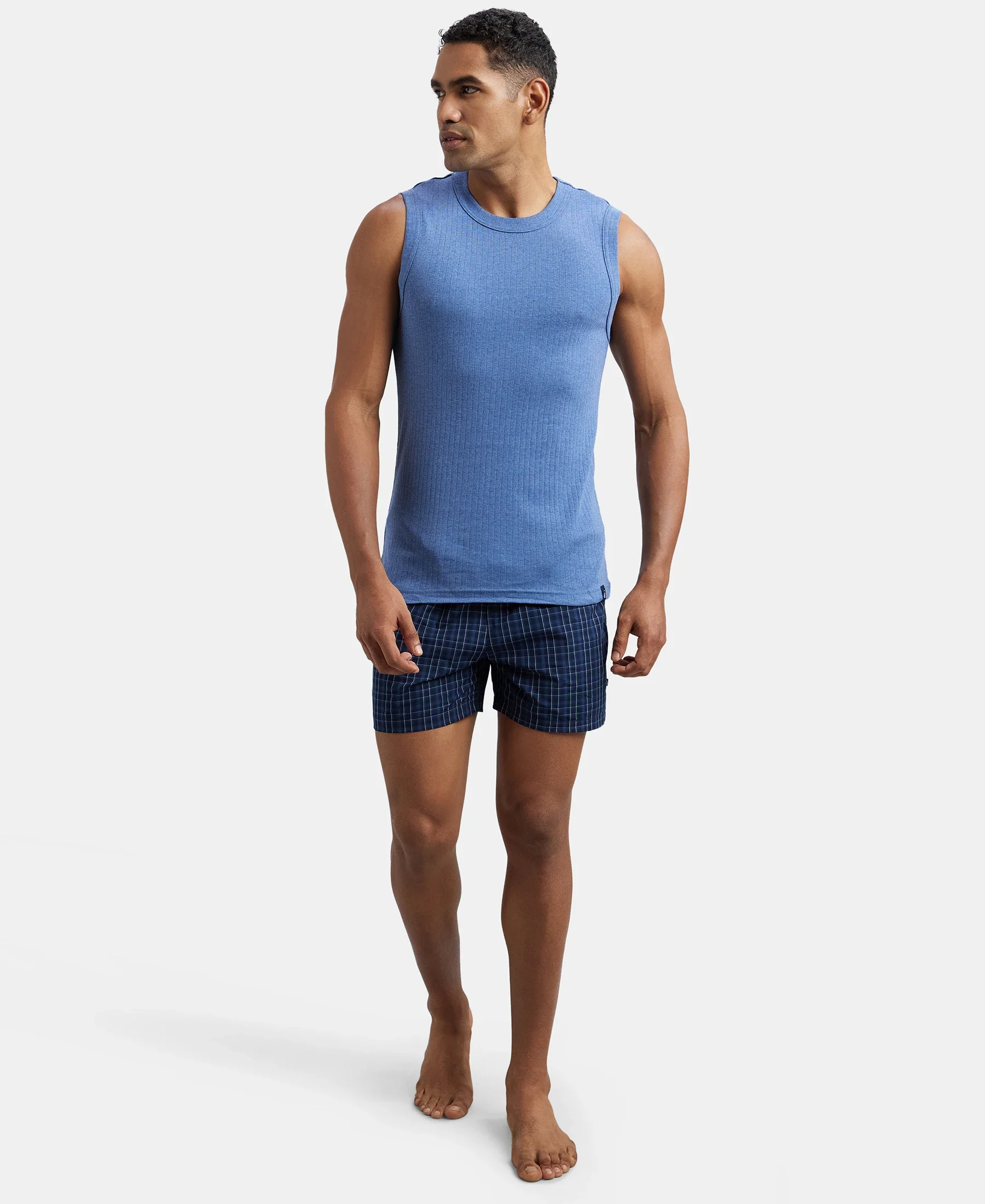 Super Combed Cotton Rib Solid Round Neck Muscle Vest - Light Denim Melange - Image 6
