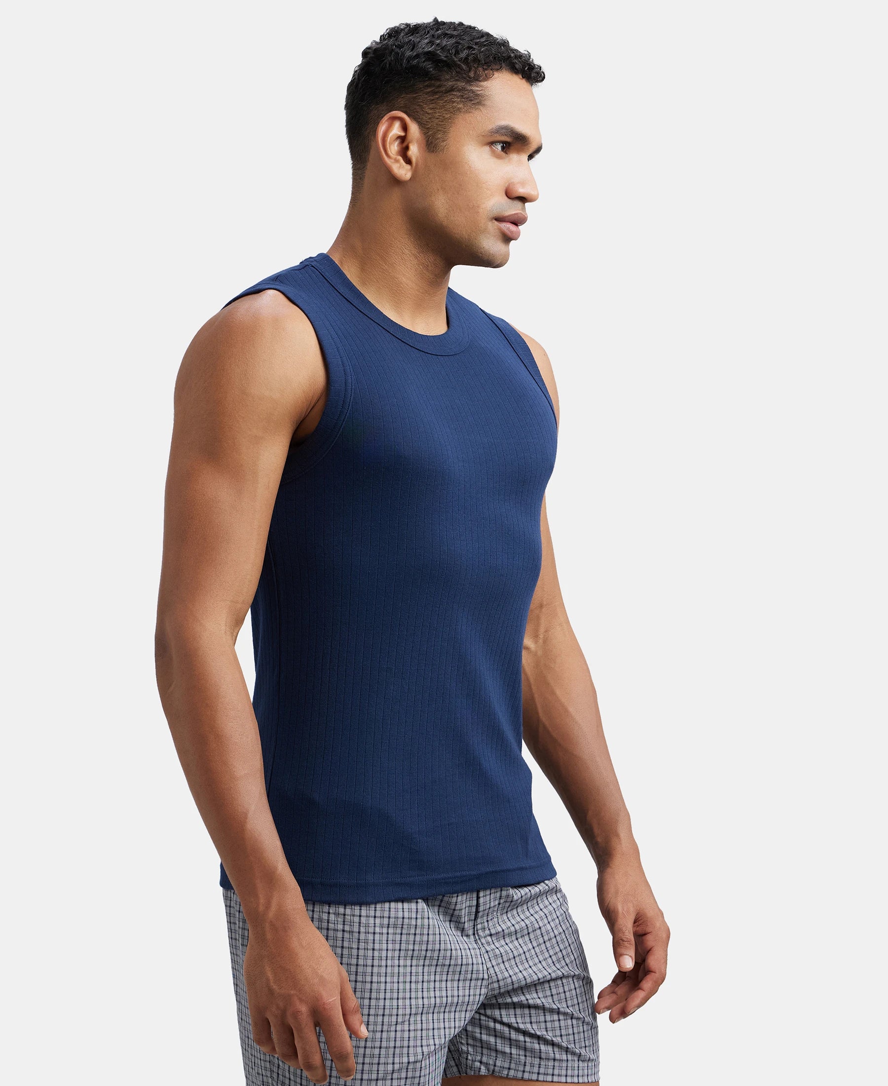 Super Combed Cotton Rib Solid Round Neck Muscle Vest - Navy - Image 2