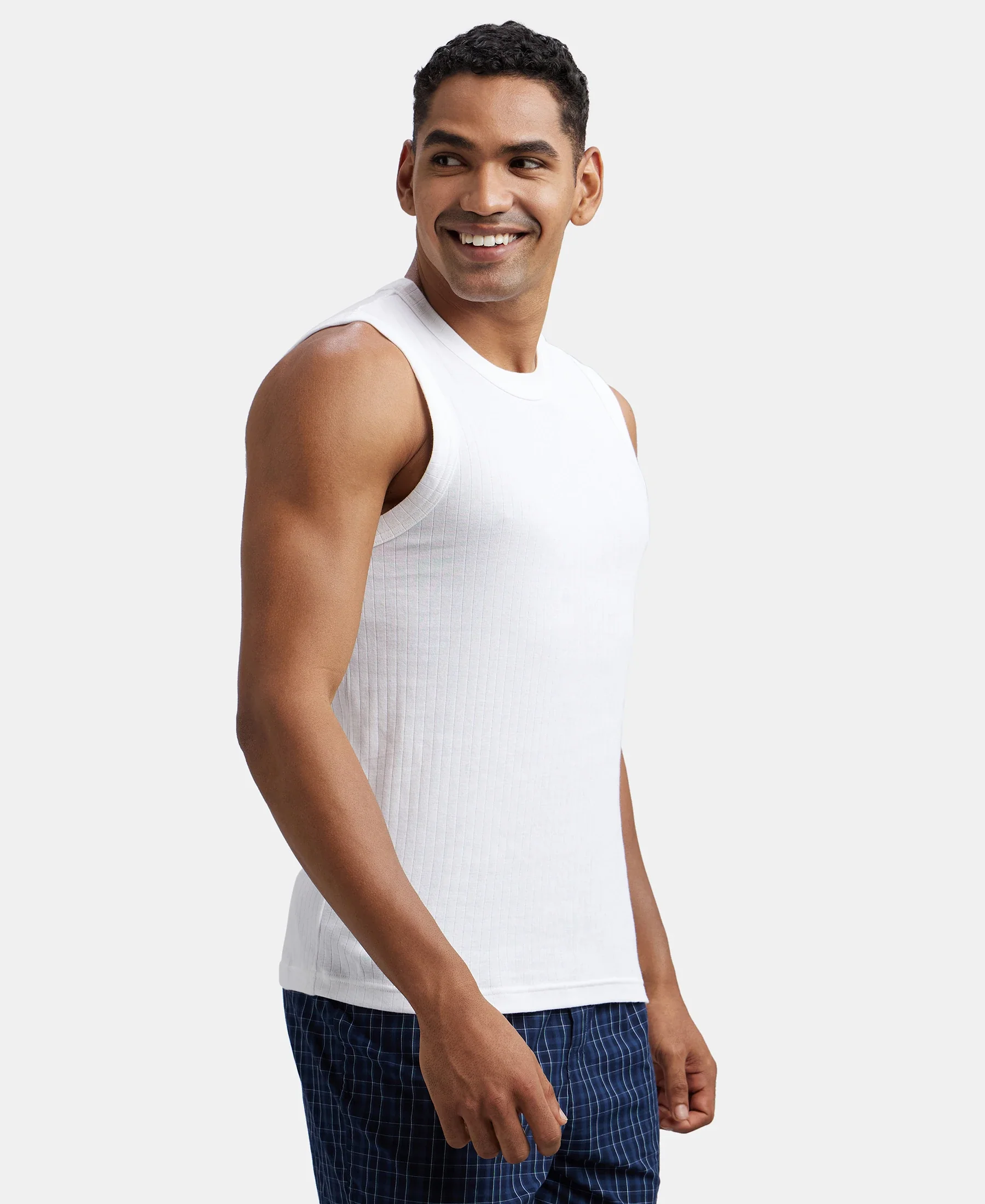 Super Combed Cotton Rib Solid Round Neck Muscle Vest - White - Image 2