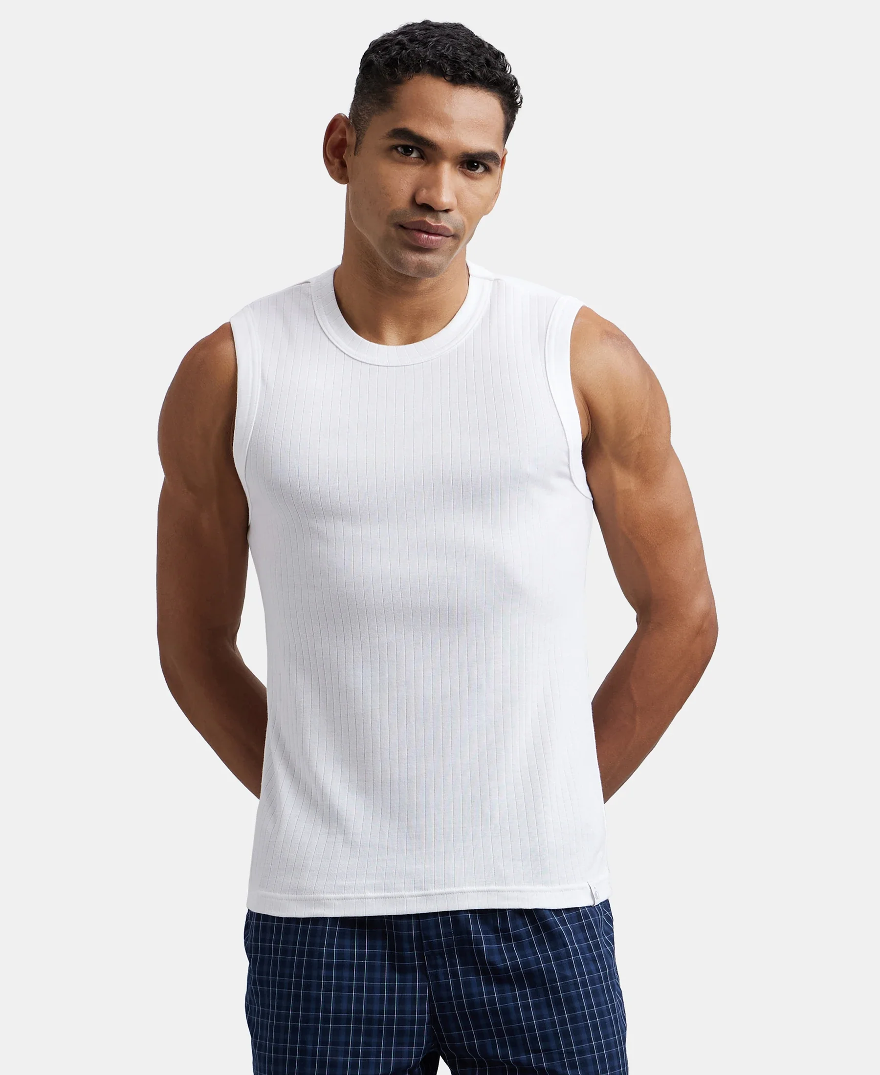 Super Combed Cotton Rib Solid Round Neck Muscle Vest - White - Image 5