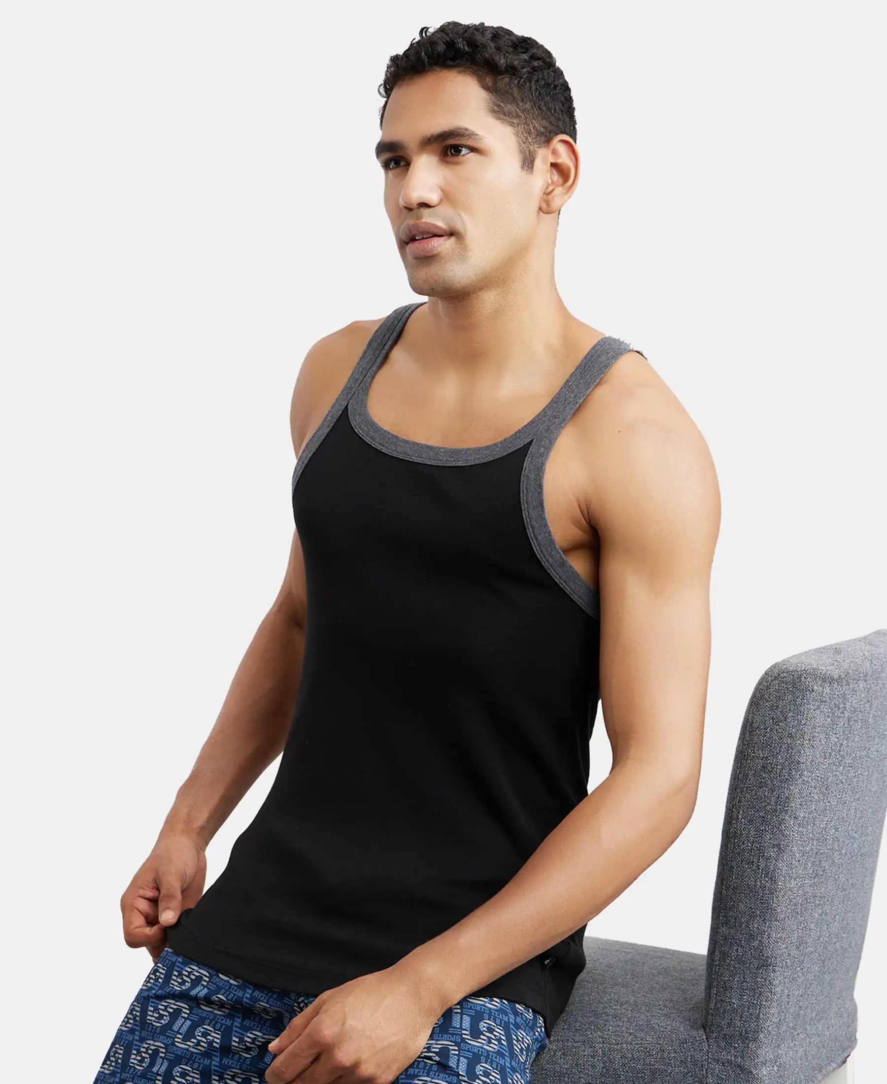 Super Combed Cotton Rib Square Neck Gym Vest - Black & Charcoal - Image 5