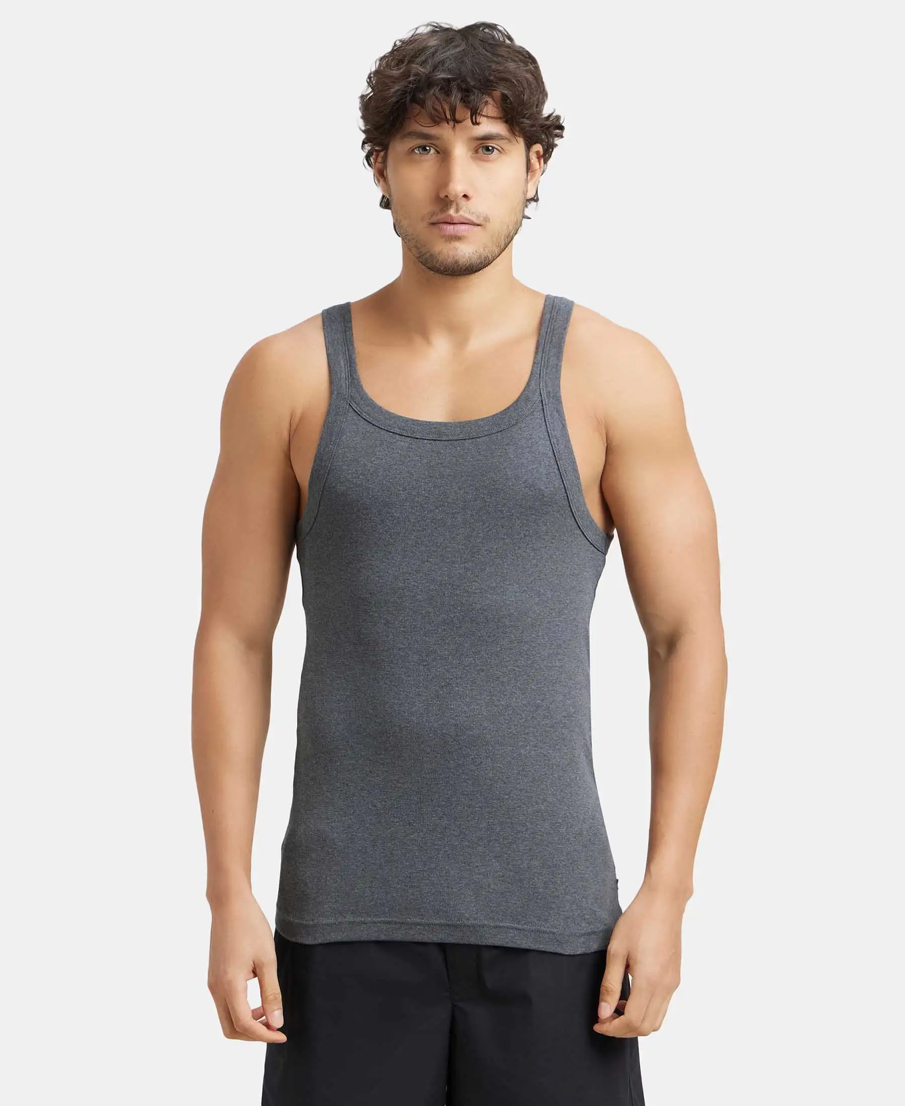 Super Combed Cotton Rib Square Neck Gym Vest - Charcoal Melange (Pack of 2) - Image 2