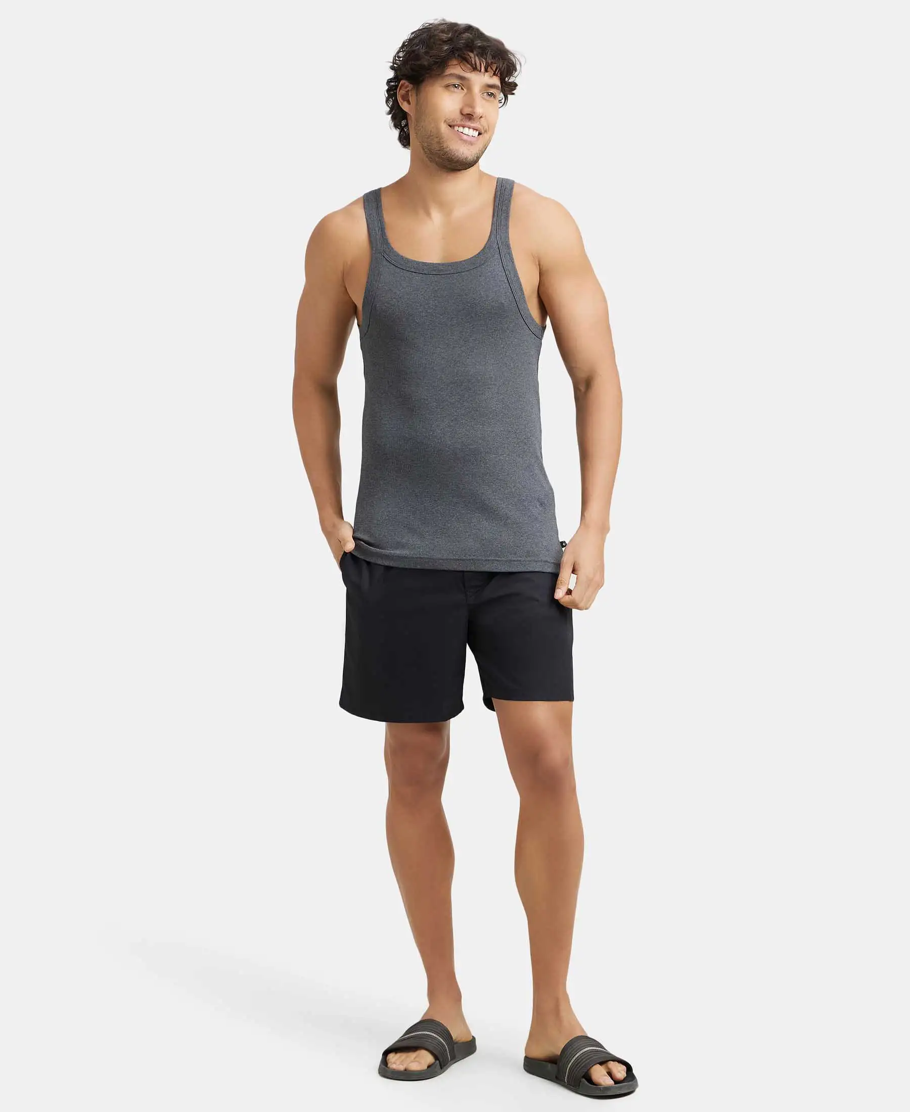 Super Combed Cotton Rib Square Neck Gym Vest - Charcoal Melange (Pack of 2) - Image 7