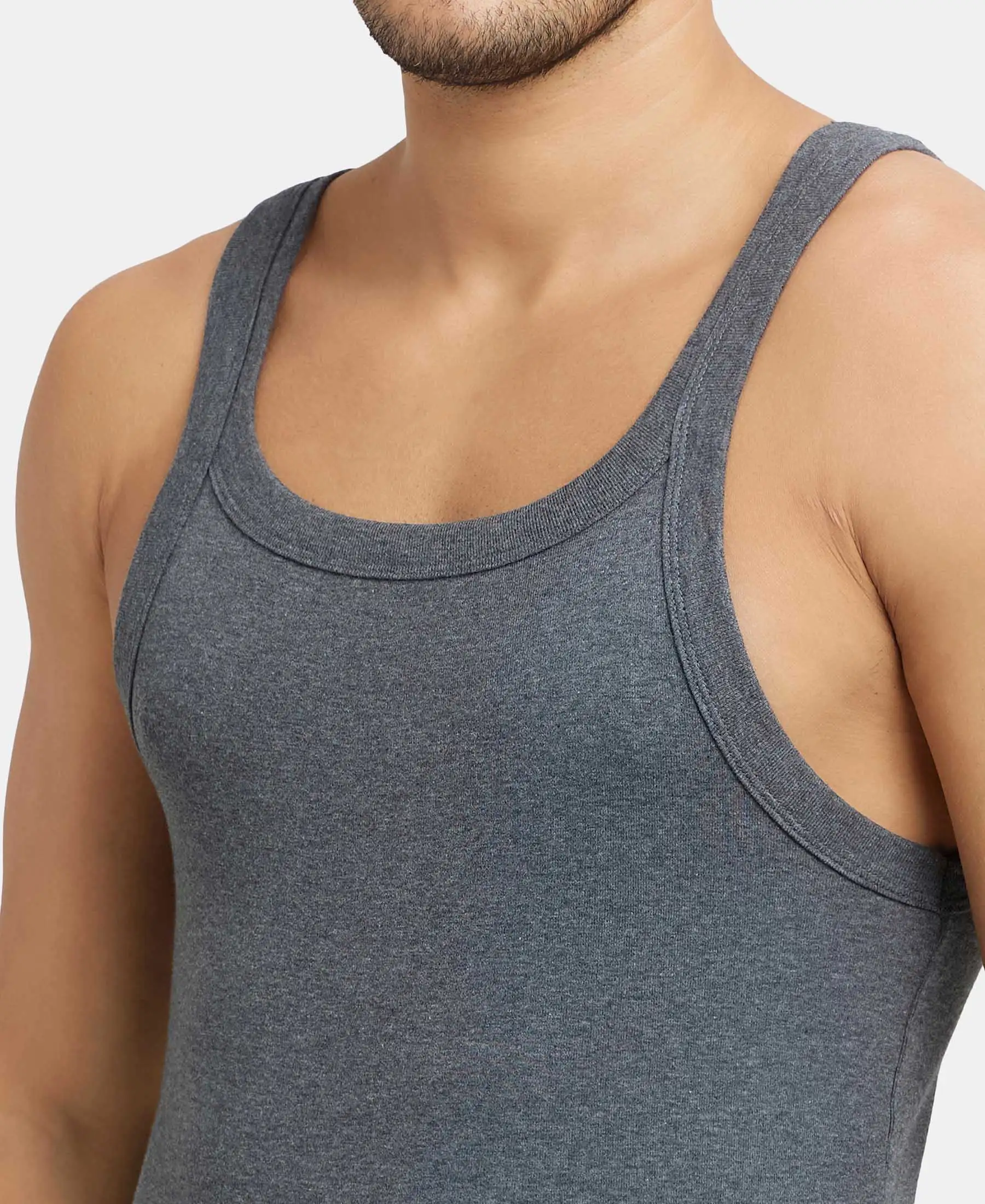Super Combed Cotton Rib Square Neck Gym Vest - Charcoal Melange (Pack of 2) - Image 8