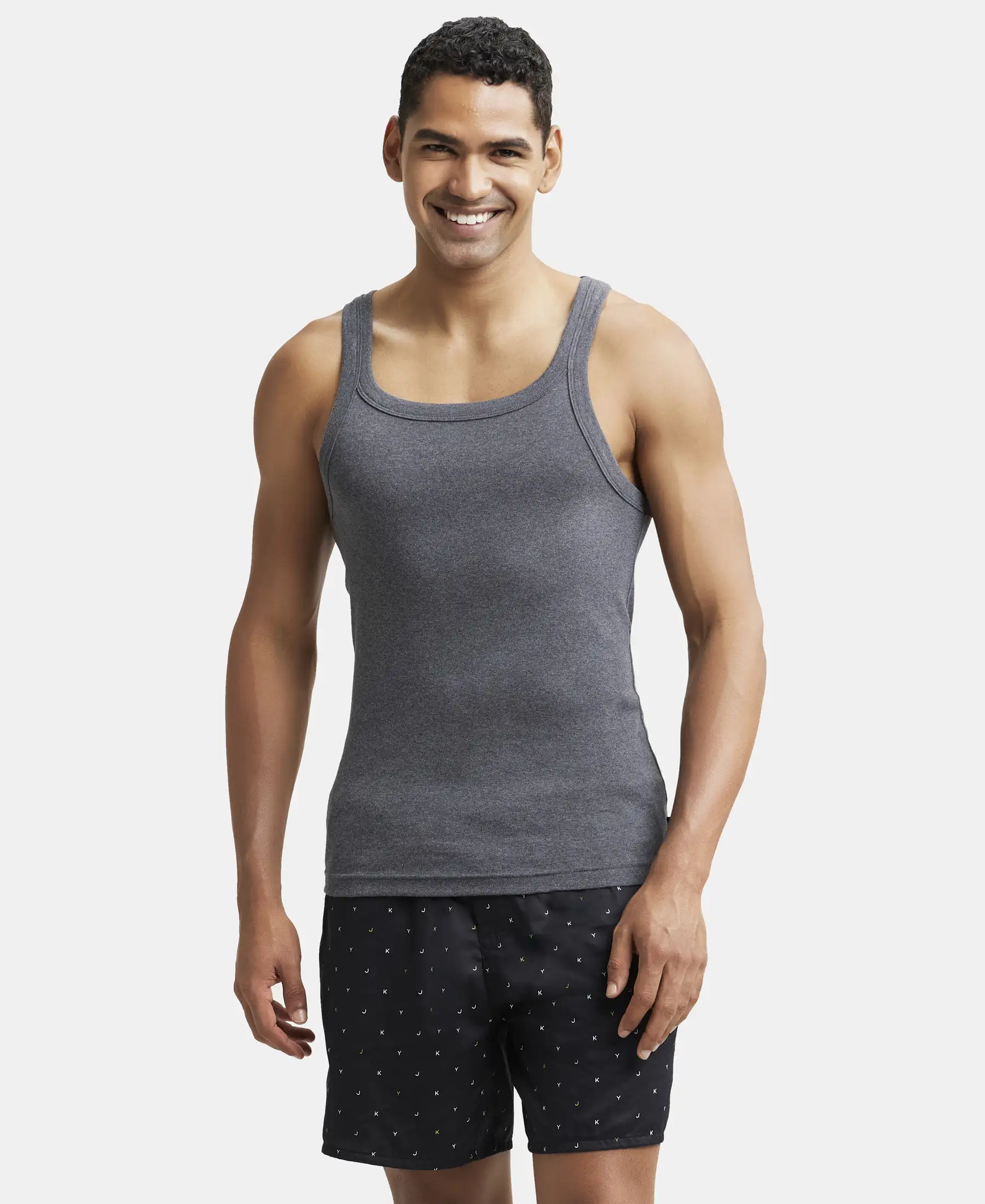 Super Combed Cotton Rib Square Neck Gym Vest - Charcoal Melange