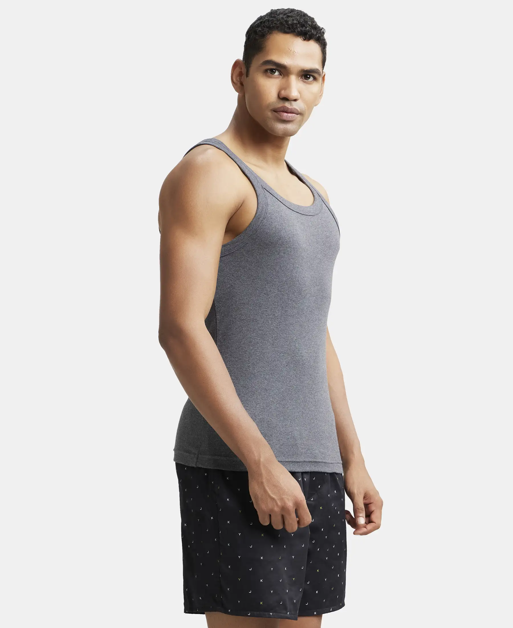 Super Combed Cotton Rib Square Neck Gym Vest - Charcoal Melange - Image 2
