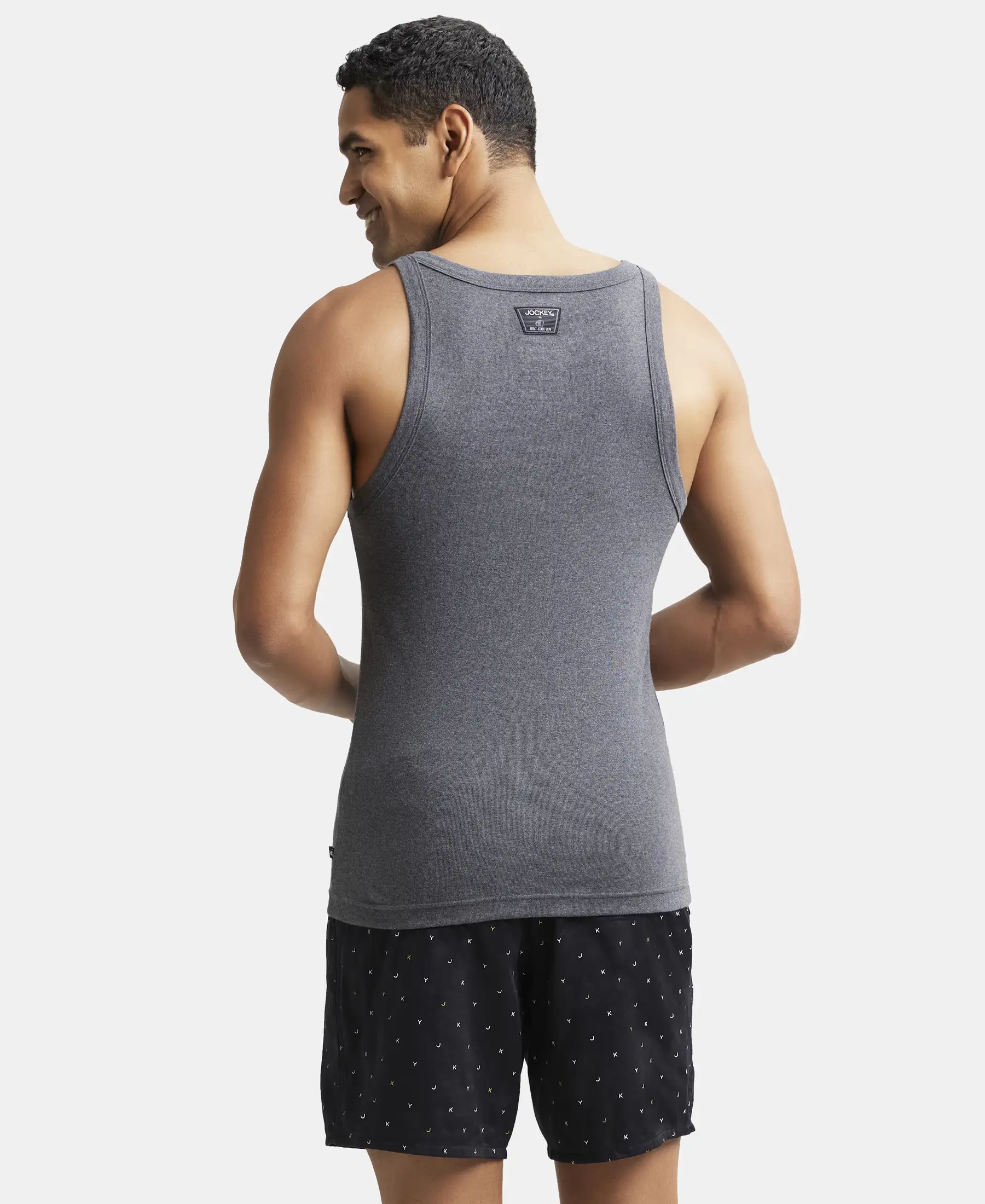 Super Combed Cotton Rib Square Neck Gym Vest - Charcoal Melange - Image 3