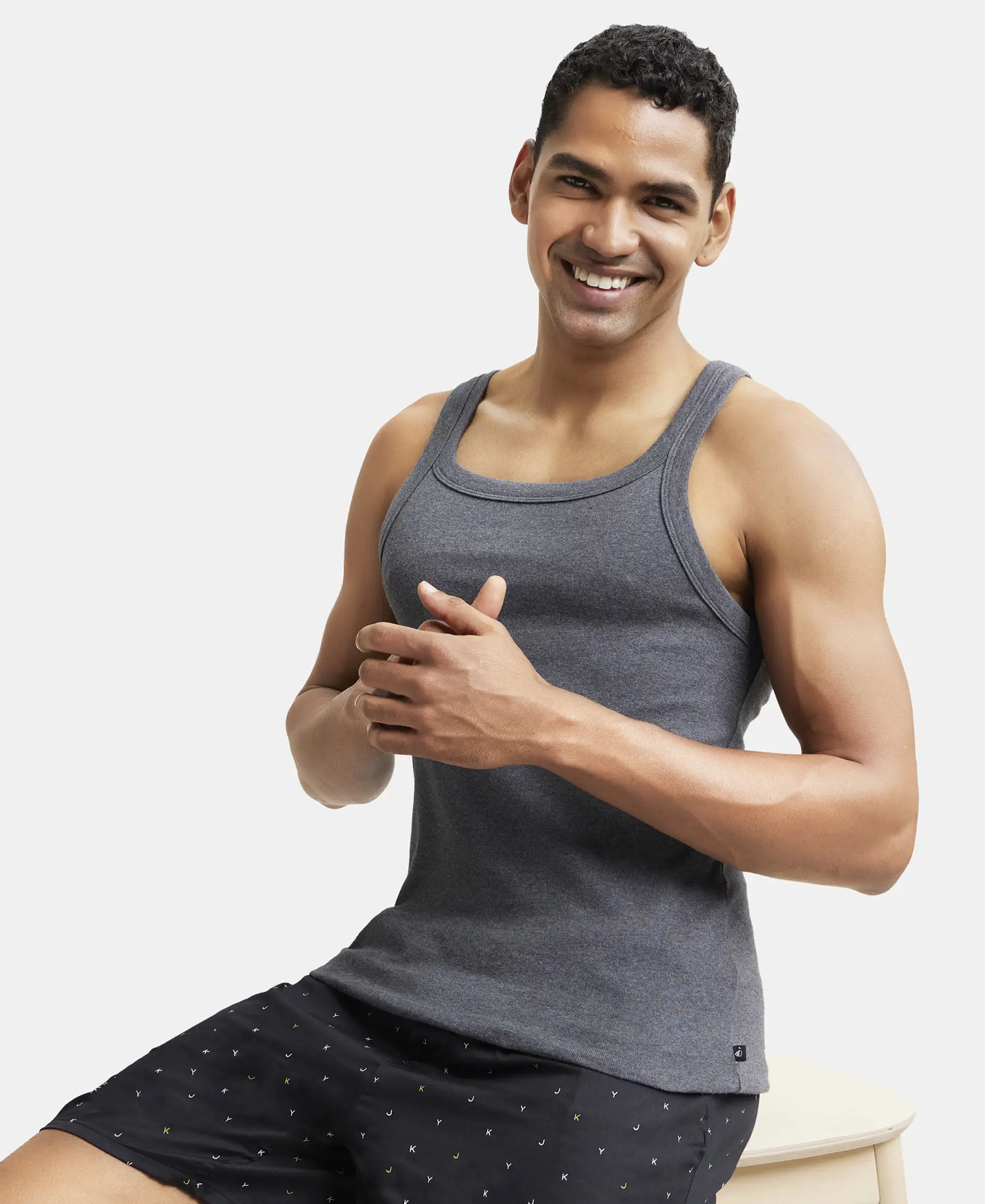 Super Combed Cotton Rib Square Neck Gym Vest - Charcoal Melange - Image 5