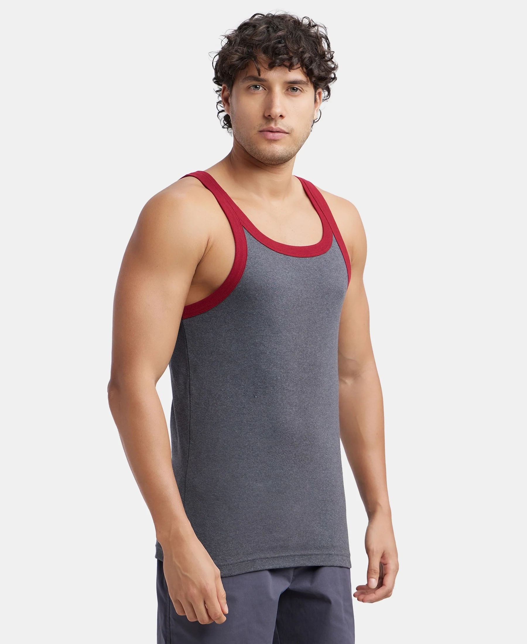 Super Combed Cotton Rib Square Neck Gym Vest - Charcoal & Red Pepper - Image 2