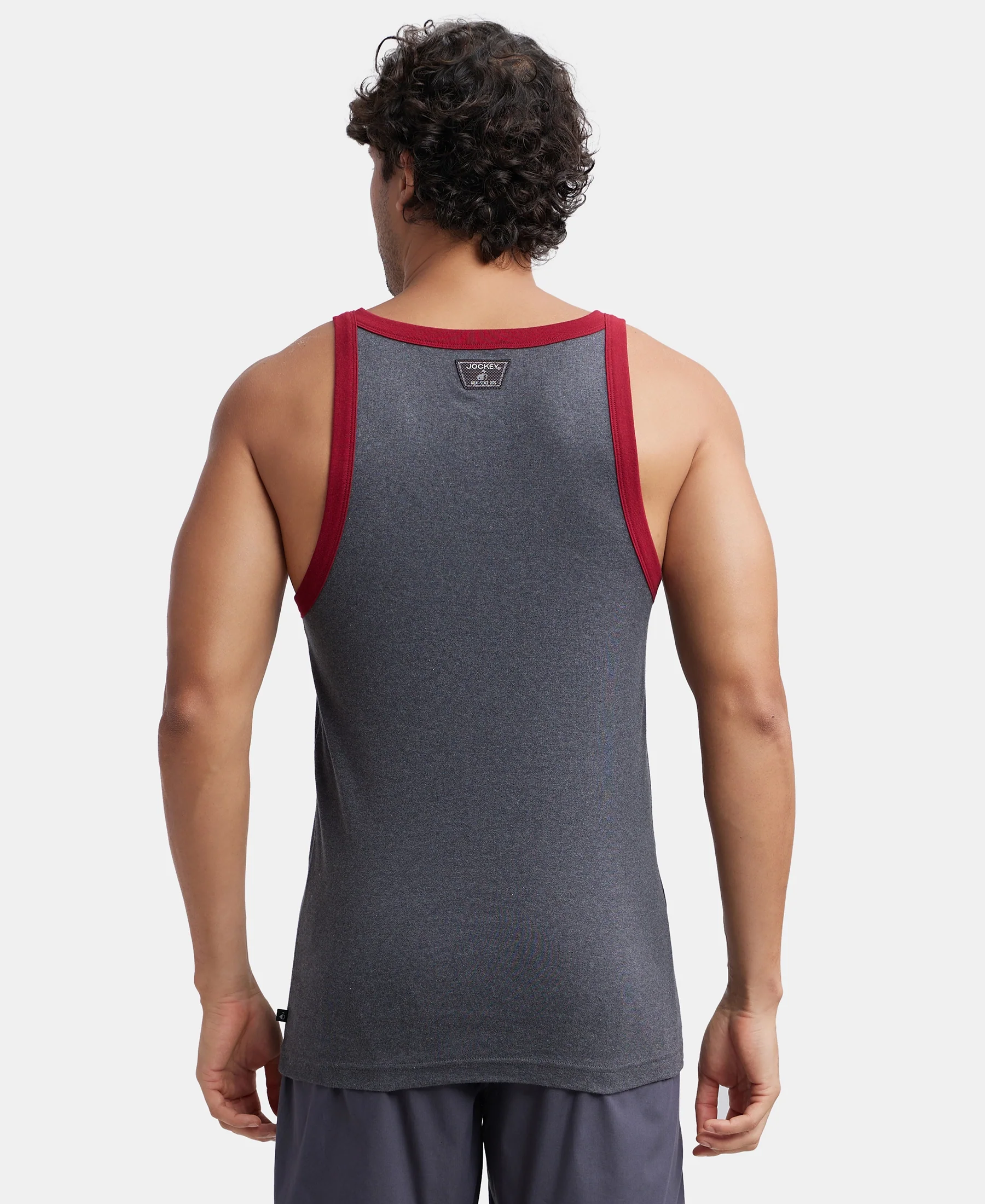 Super Combed Cotton Rib Square Neck Gym Vest - Charcoal & Red Pepper - Image 3