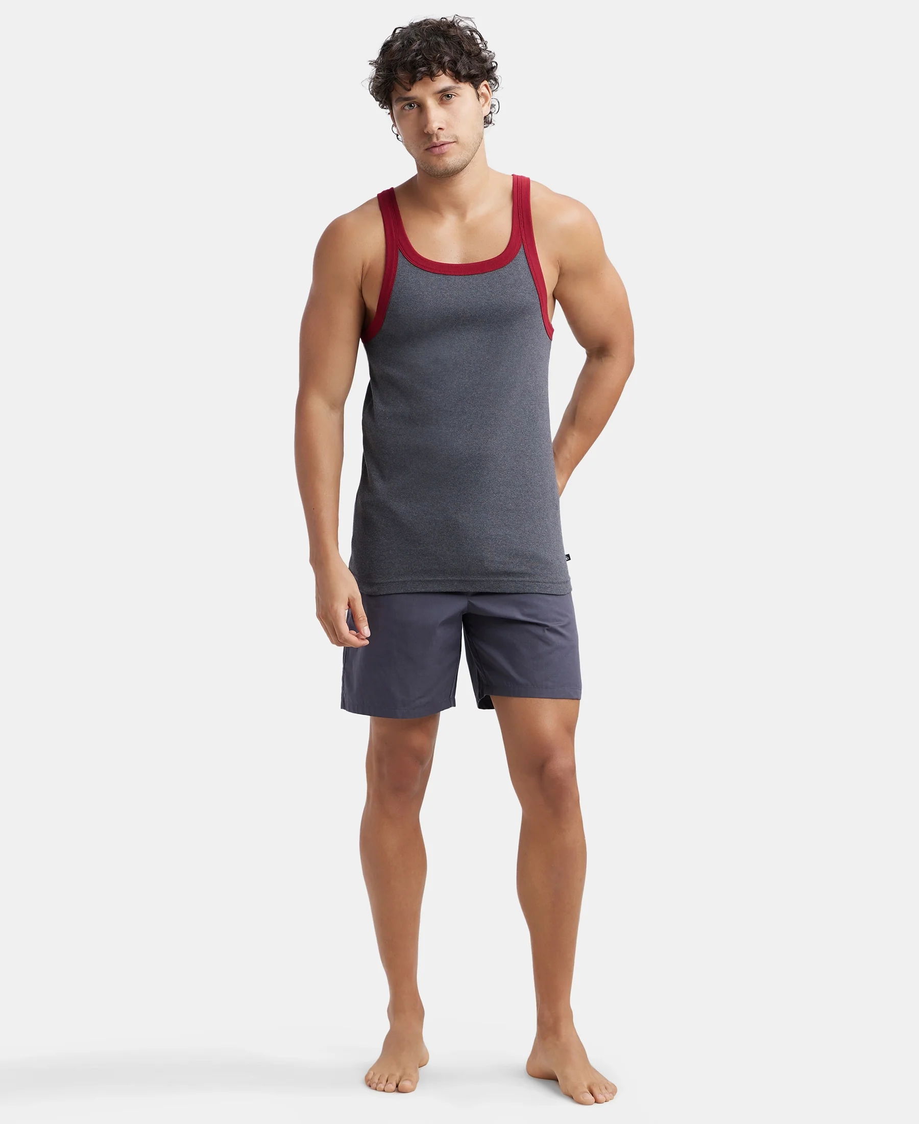 Super Combed Cotton Rib Square Neck Gym Vest - Charcoal & Red Pepper - Image 4