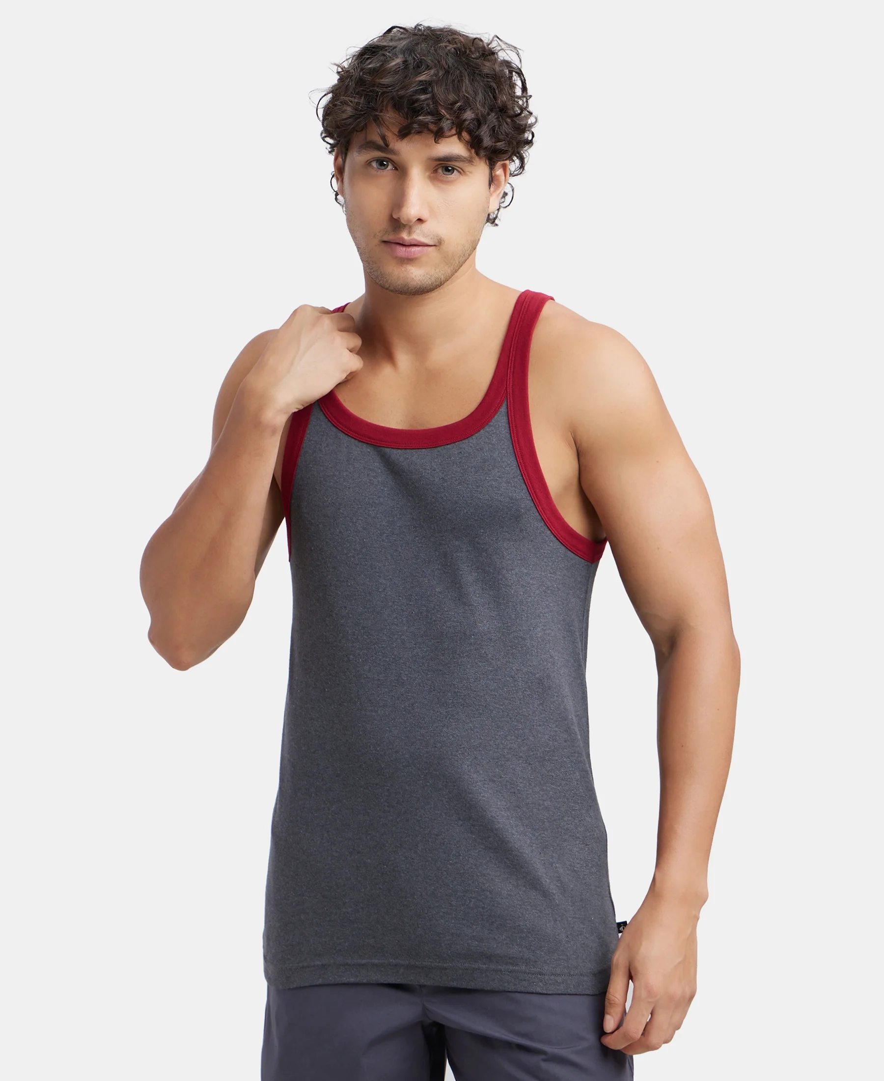 Super Combed Cotton Rib Square Neck Gym Vest - Charcoal & Red Pepper - Image 5
