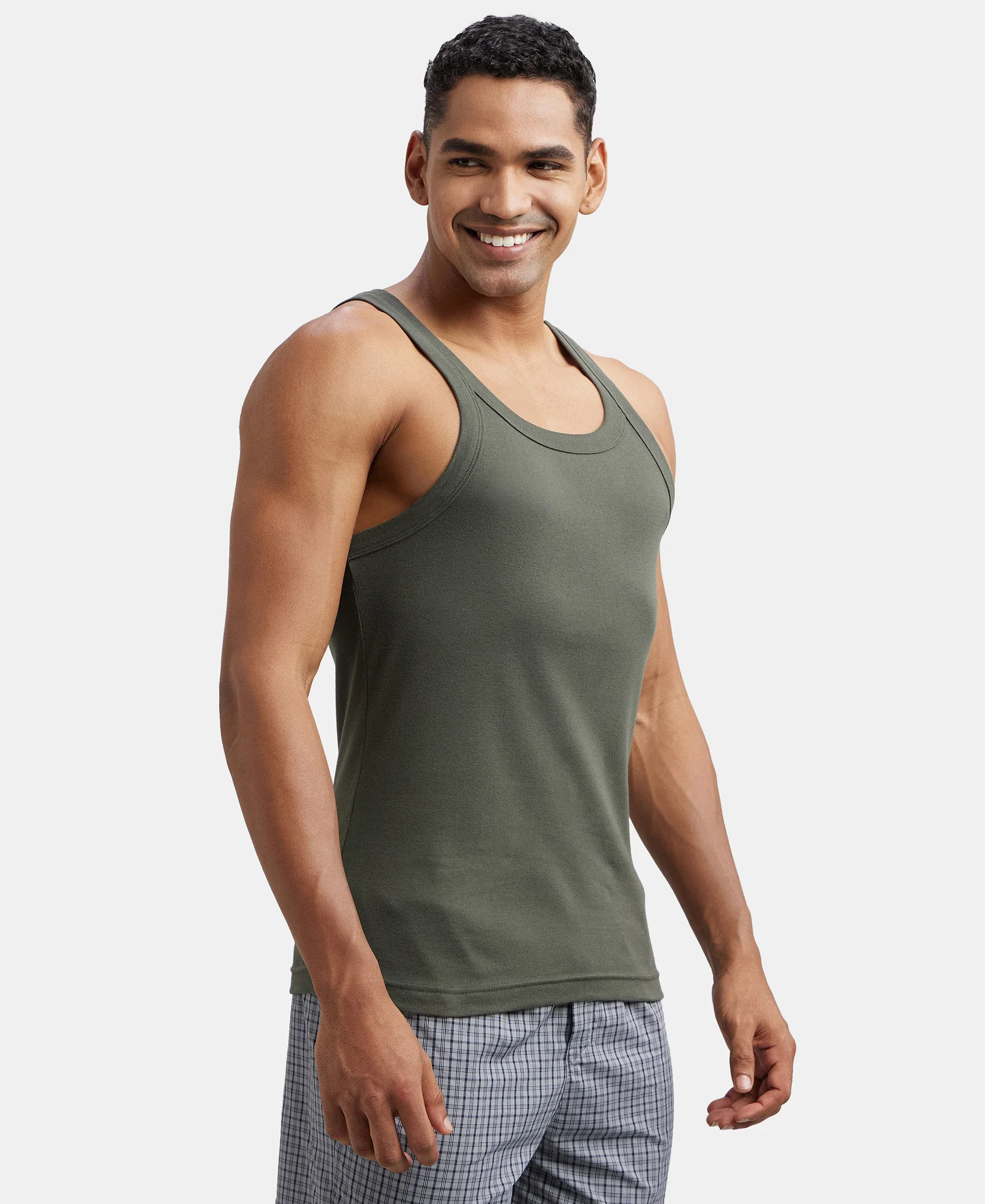 Super Combed Cotton Rib Square Neck Gym Vest - Deep Olive - Image 2
