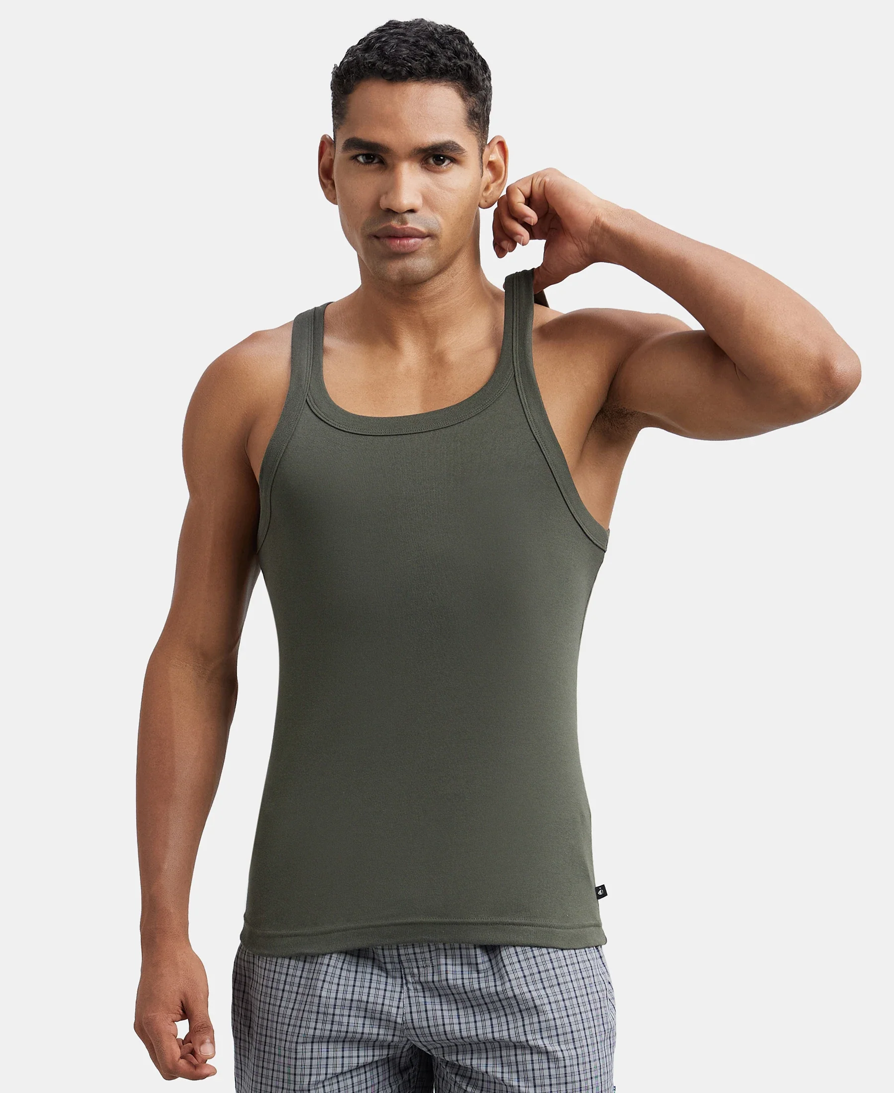 Super Combed Cotton Rib Square Neck Gym Vest - Deep Olive - Image 5