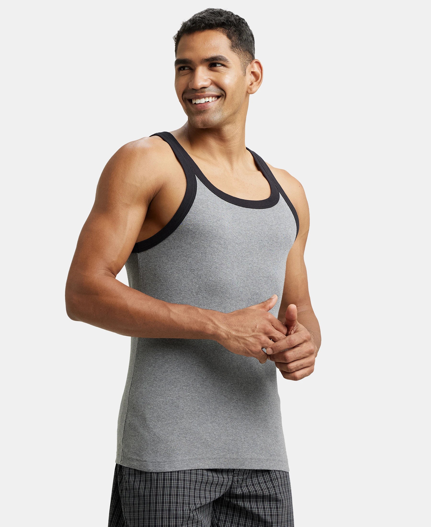 Super Combed Cotton Rib Square Neck Gym Vest - Mid Grey Melange & Black - Image 2