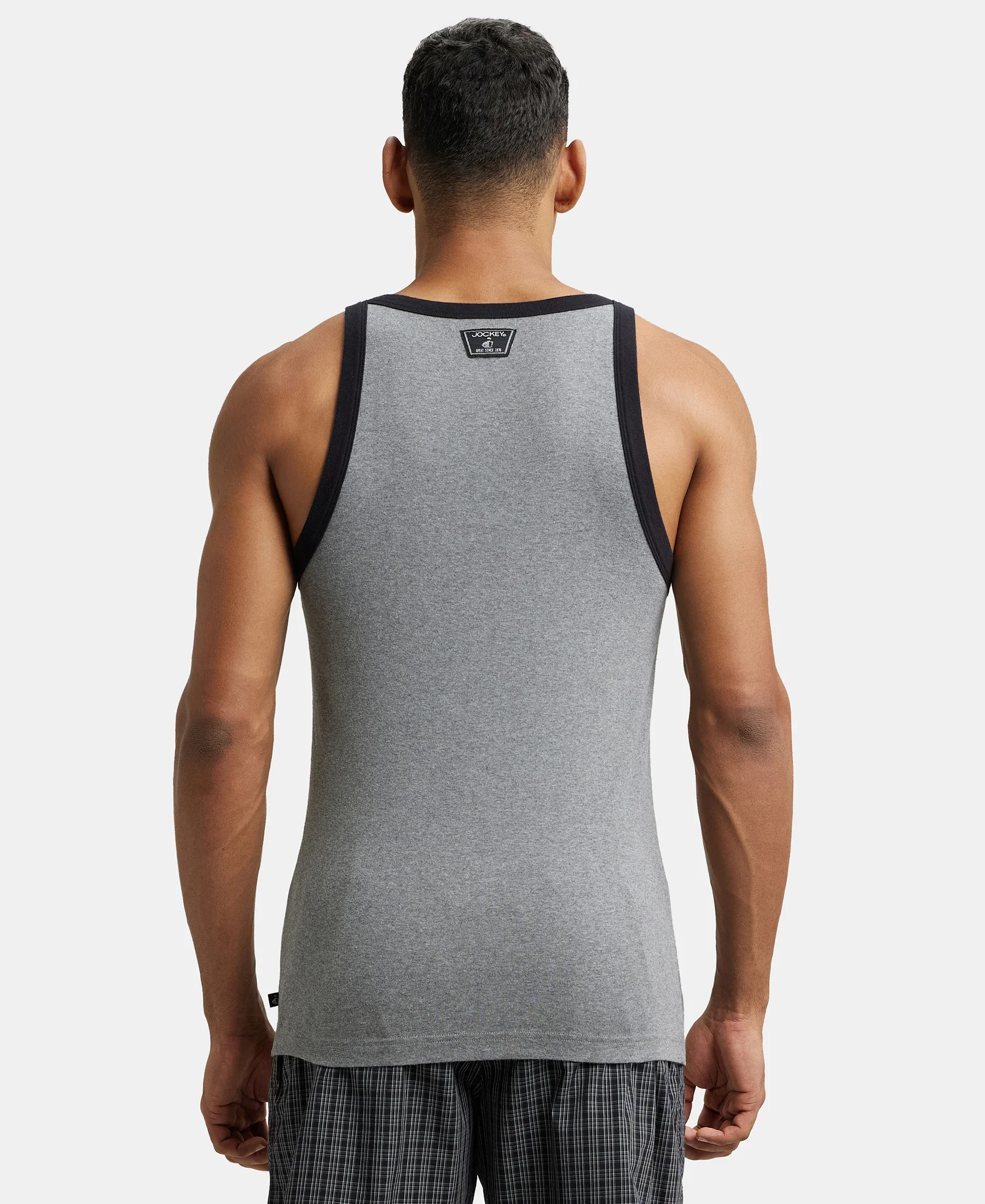 Super Combed Cotton Rib Square Neck Gym Vest - Mid Grey Melange & Black - Image 3