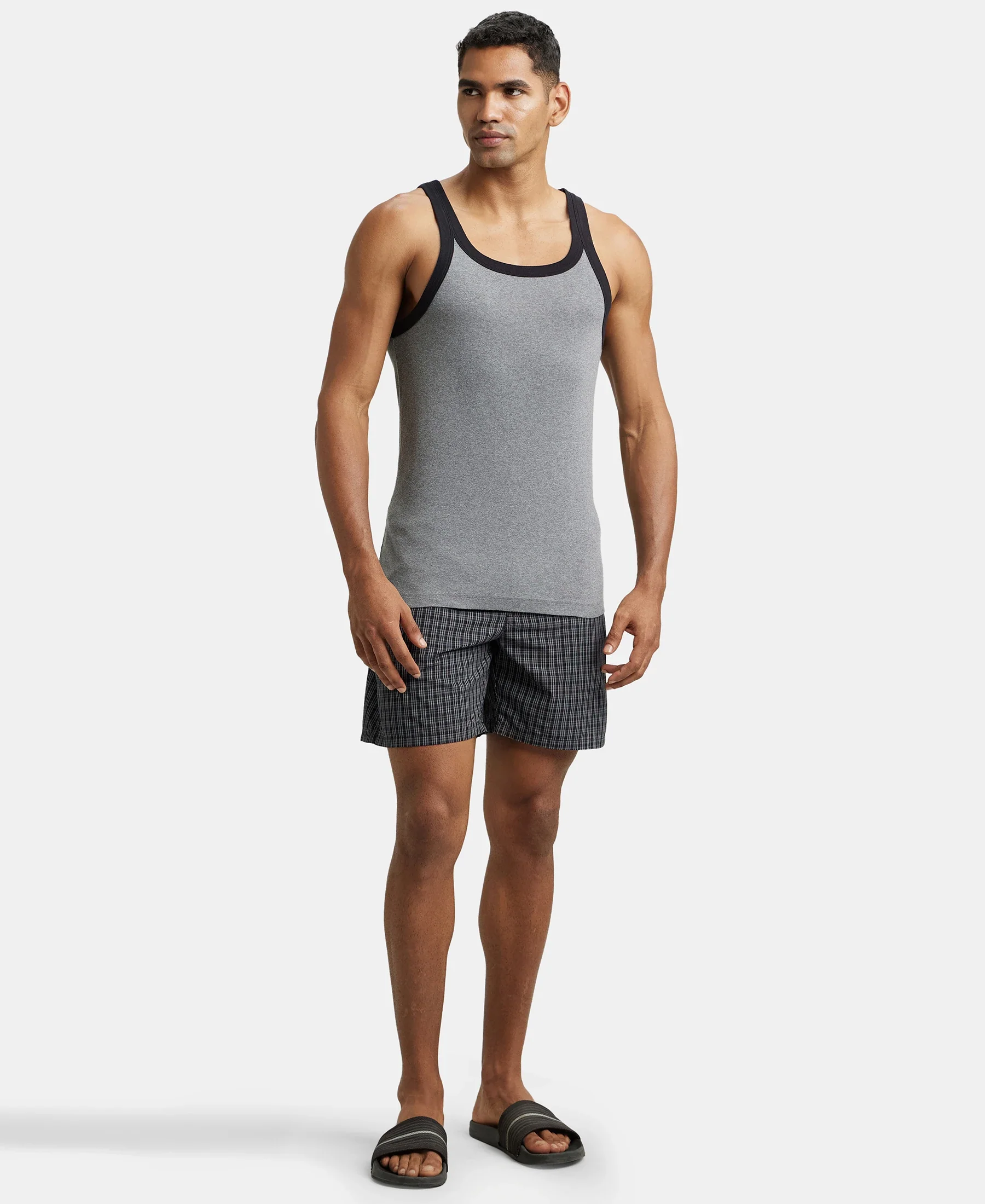 Super Combed Cotton Rib Square Neck Gym Vest - Mid Grey Melange & Black - Image 4