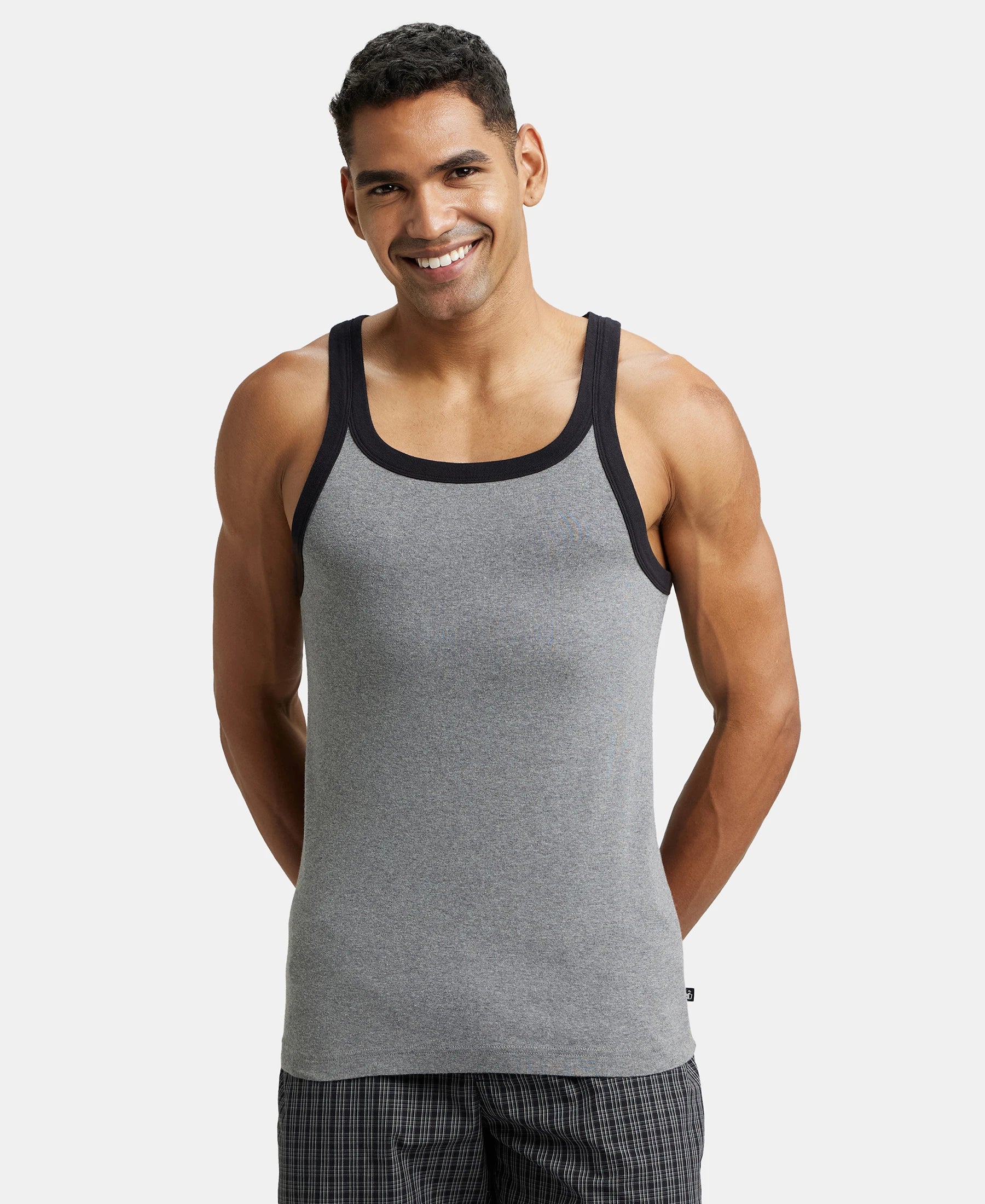 Super Combed Cotton Rib Square Neck Gym Vest - Mid Grey Melange & Black - Image 5
