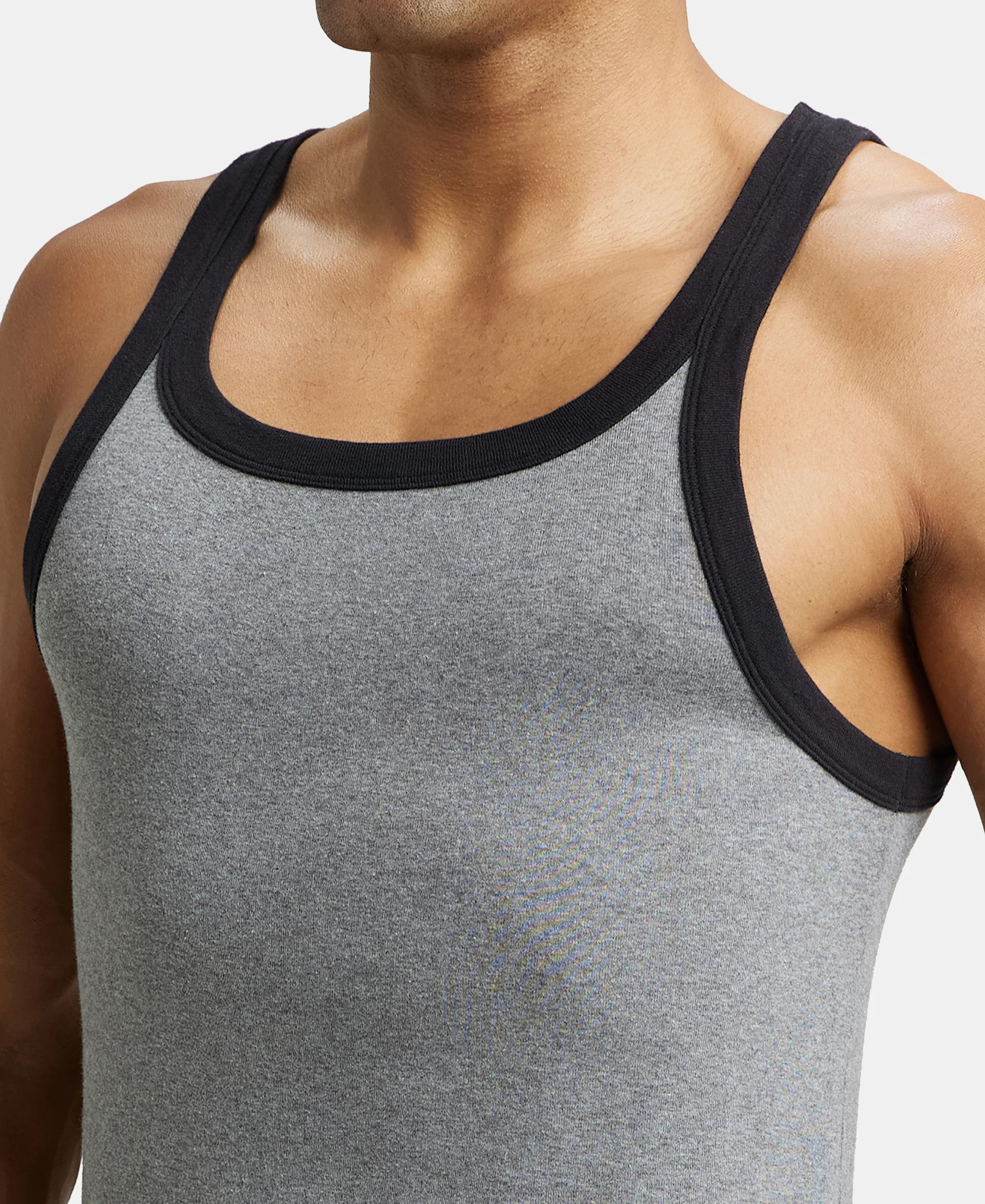 Super Combed Cotton Rib Square Neck Gym Vest - Mid Grey Melange & Black - Image 6
