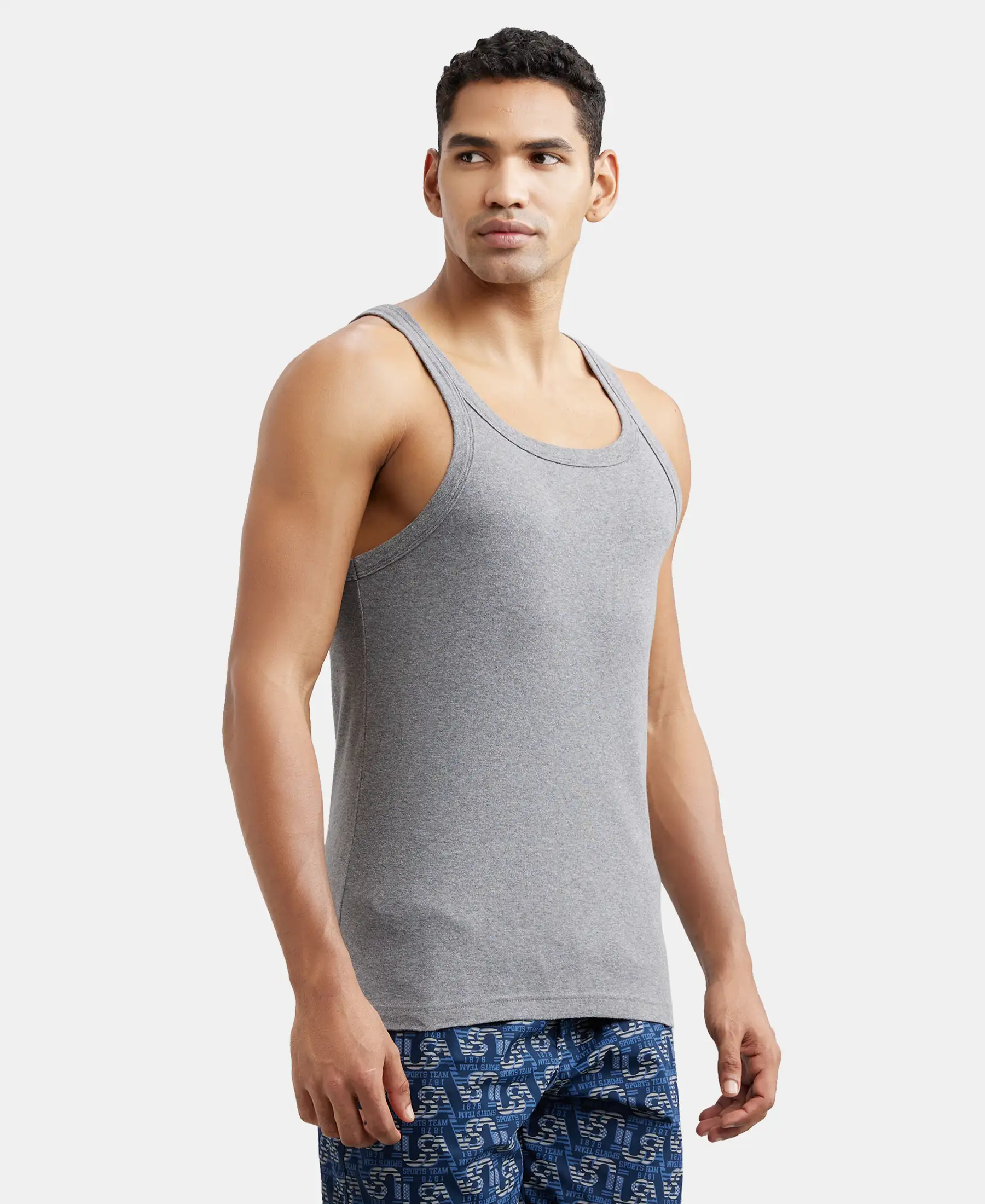 Super Combed Cotton Rib Square Neck Gym Vest - Mid Grey Melange (Pack of 2) - Image 2