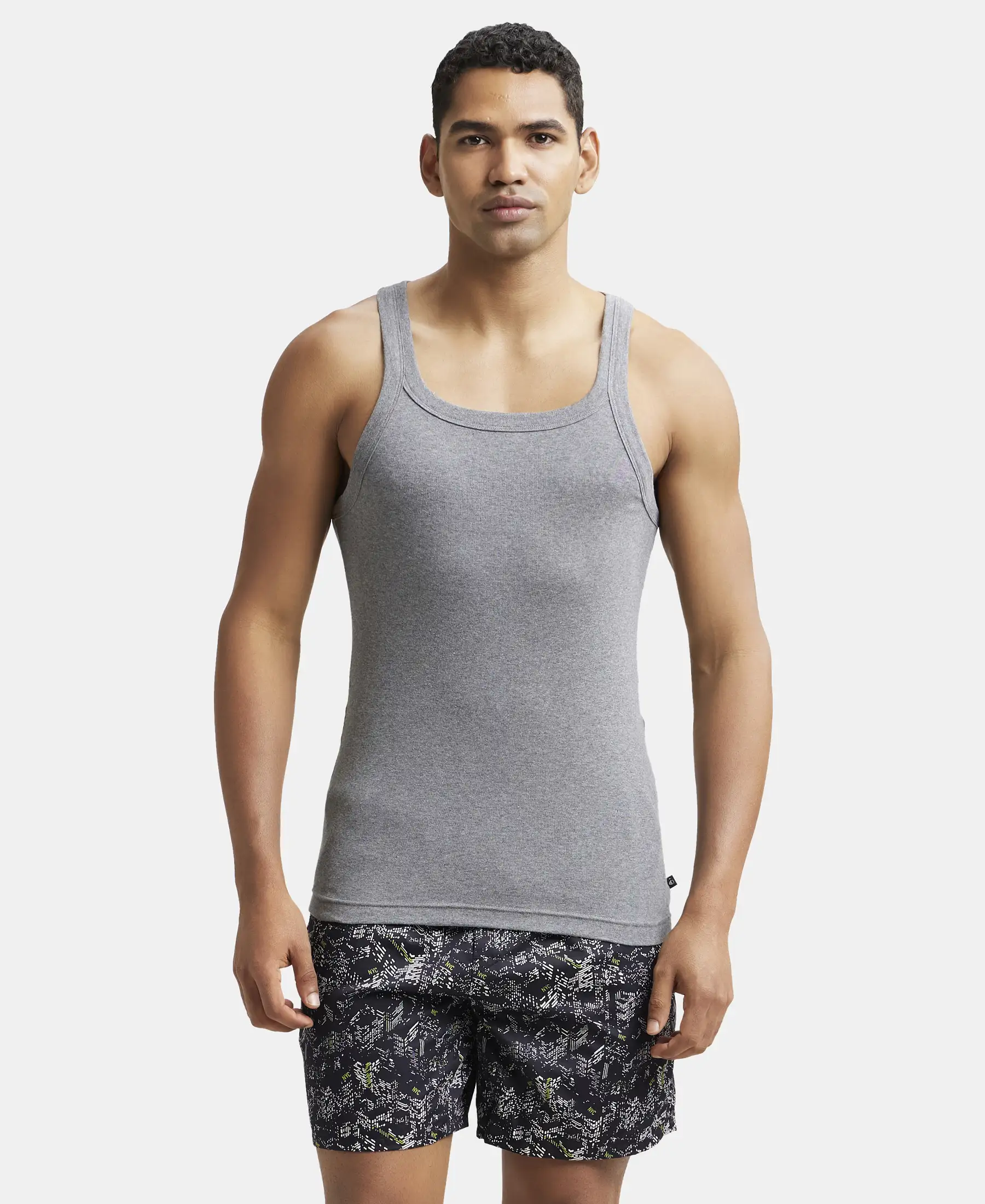 Super Combed Cotton Rib Square Neck Gym Vest - Mid Grey Melange