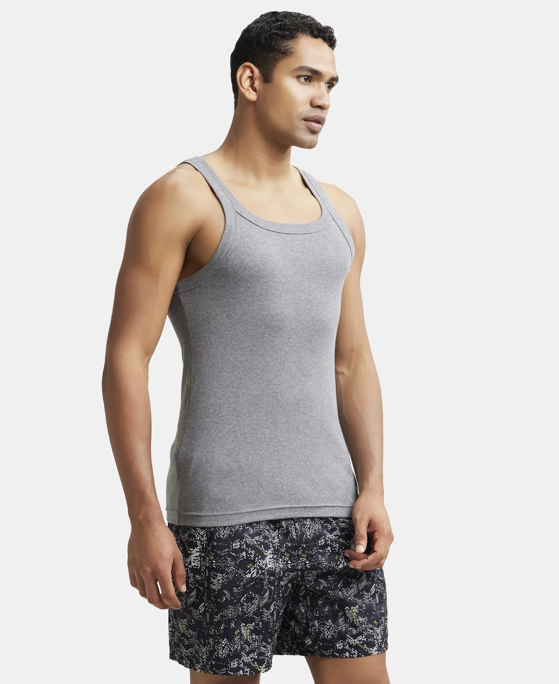 Super Combed Cotton Rib Square Neck Gym Vest - Mid Grey Melange - Image 2