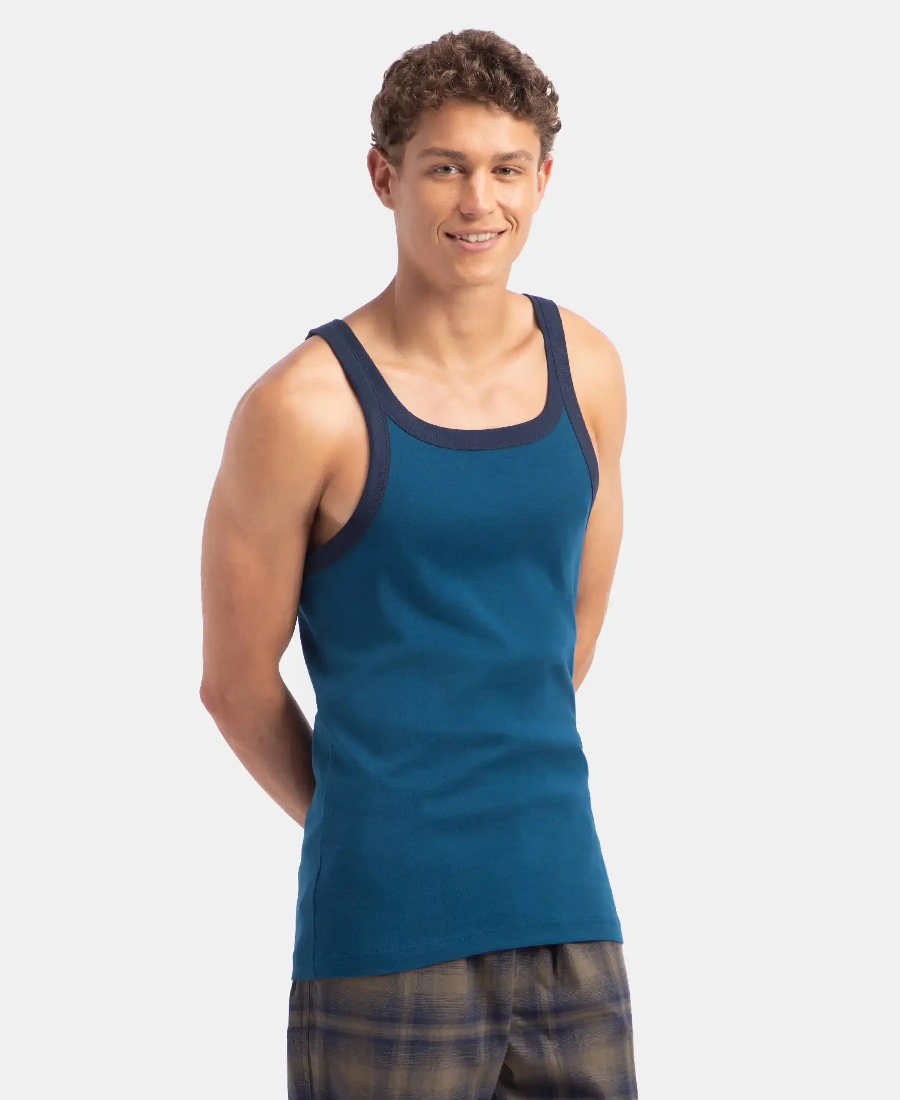Super Combed Cotton Rib Square Neck Gym Vest - Poseidon & Navy - Image 2
