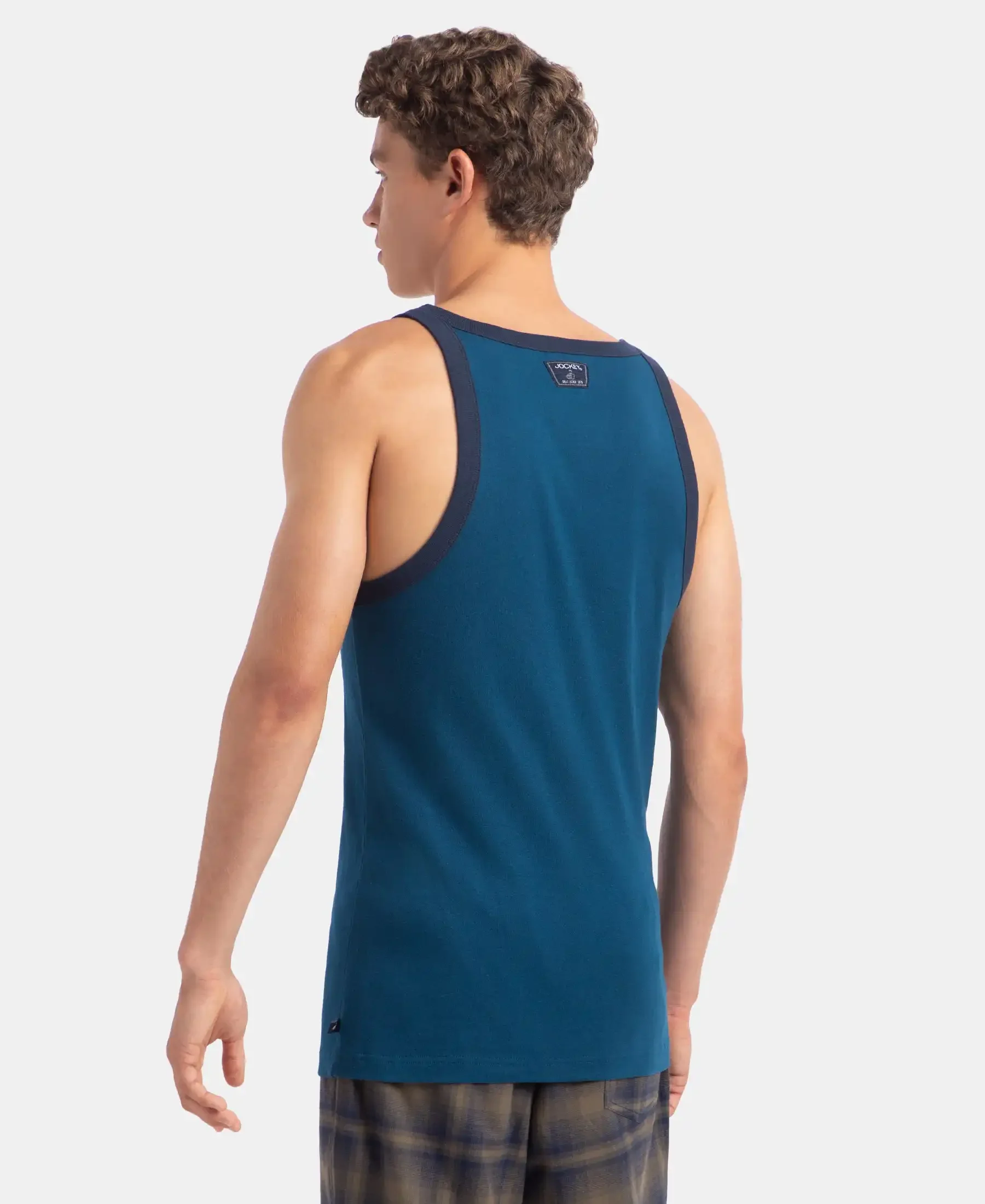Super Combed Cotton Rib Square Neck Gym Vest - Poseidon & Navy - Image 3